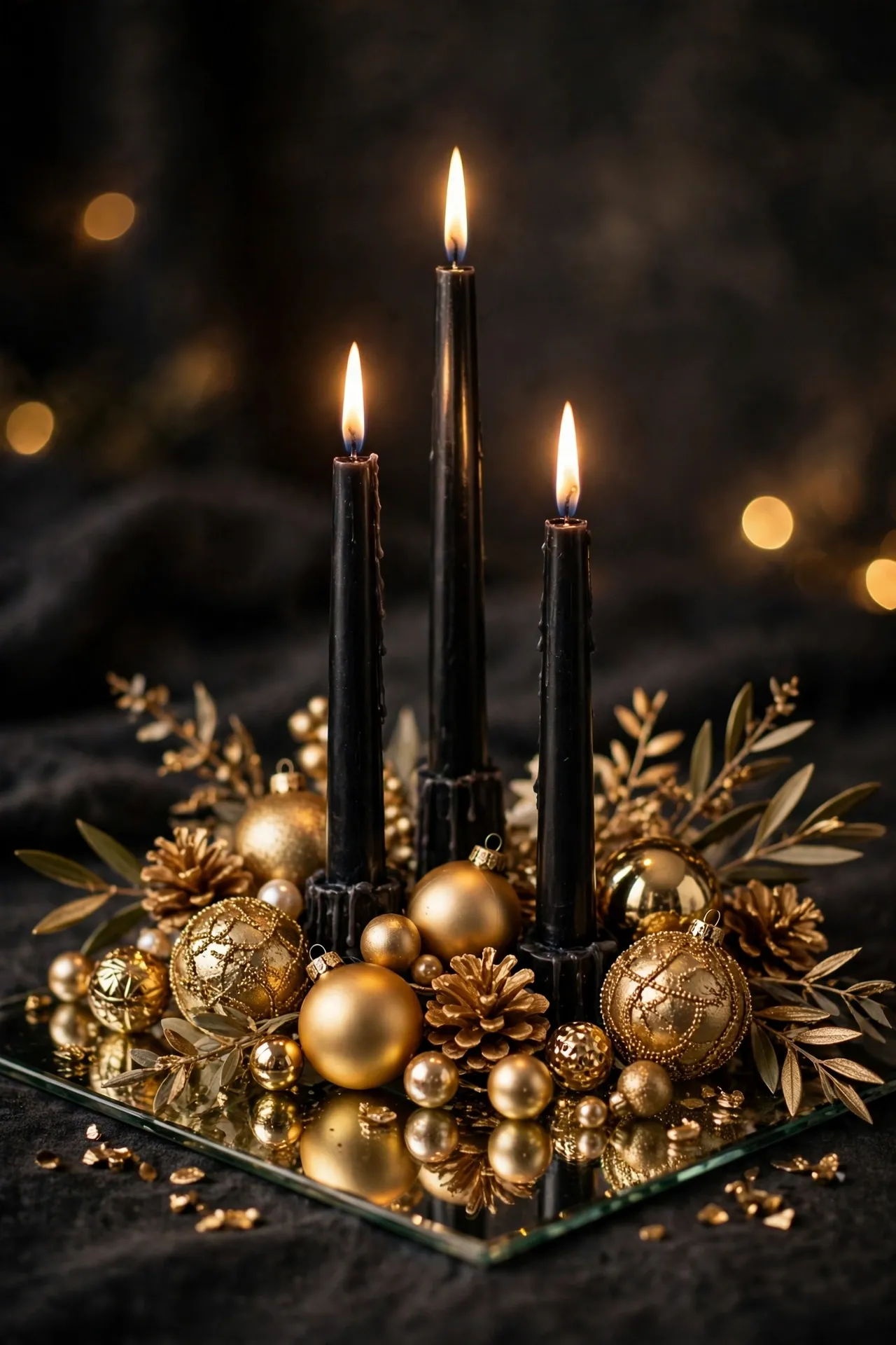 Black candles and gold ornaments on a mirrored New Year tray