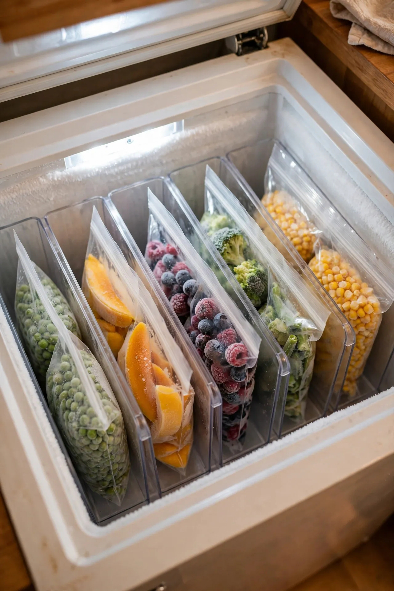 Magazine holders standing upright in a freezer filing frozen food bags