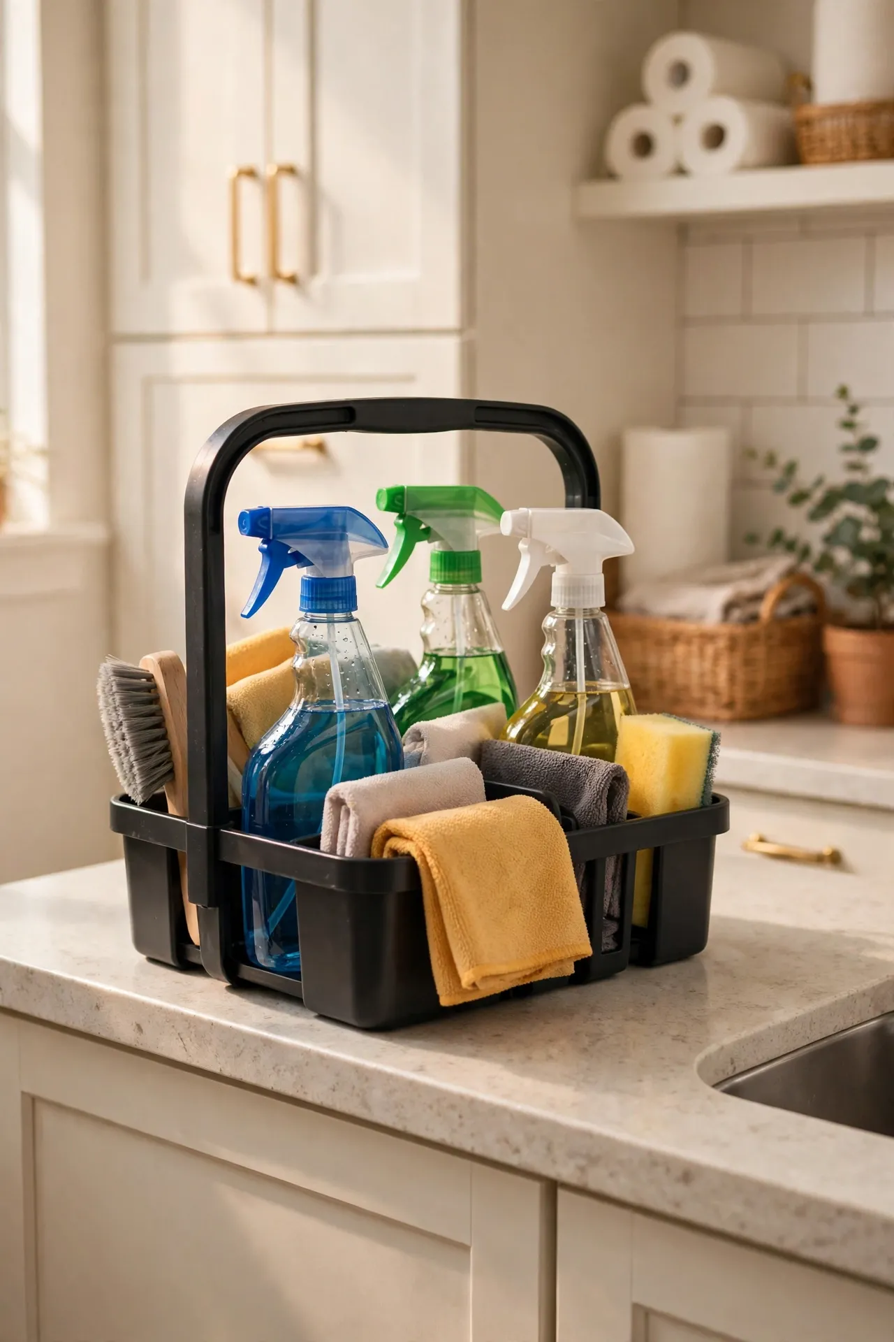 Shower caddy loaded with cleaning sprays as a portable cleaning kit