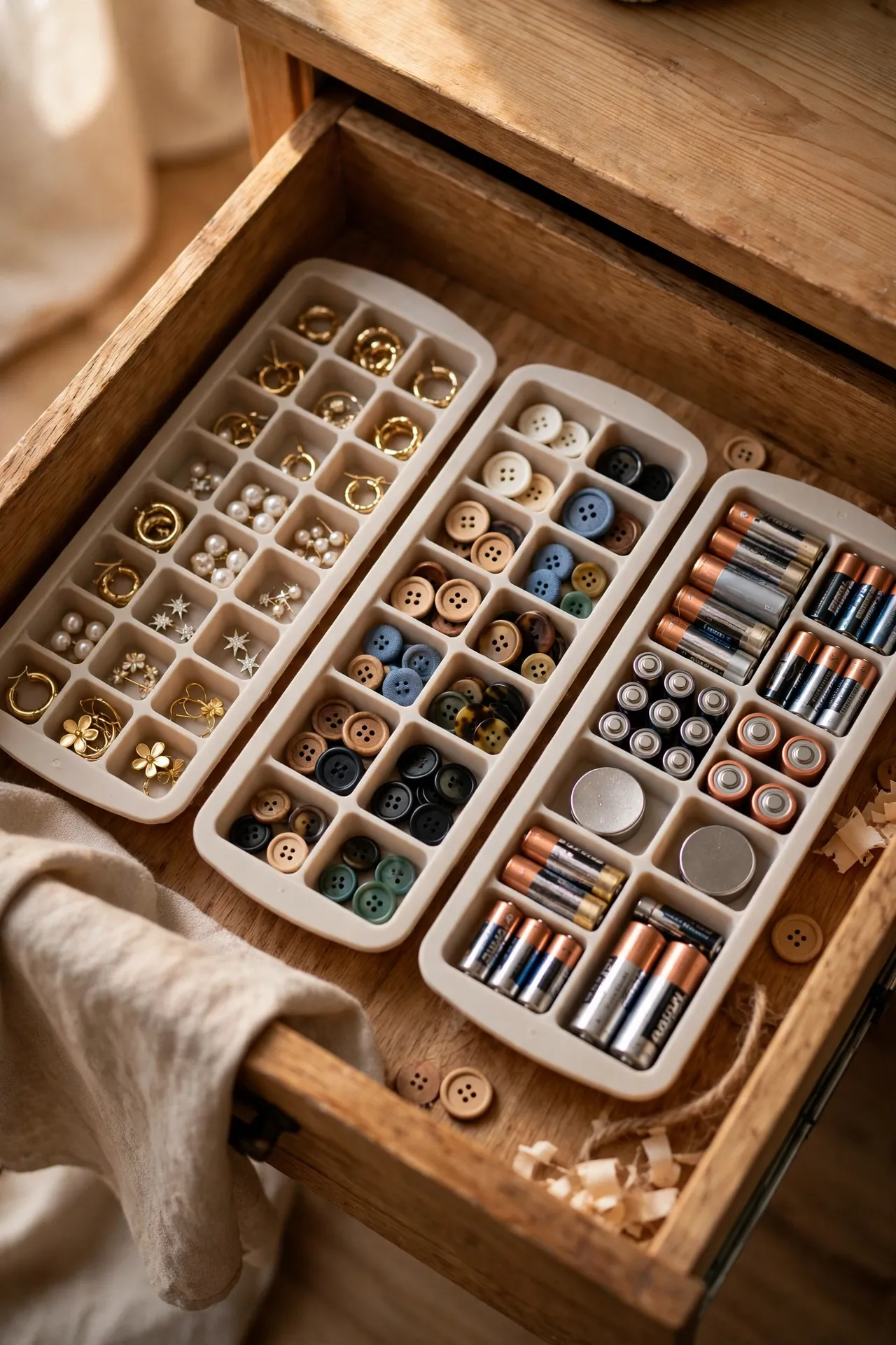 Ice cube trays sorting earrings and buttons in a drawer