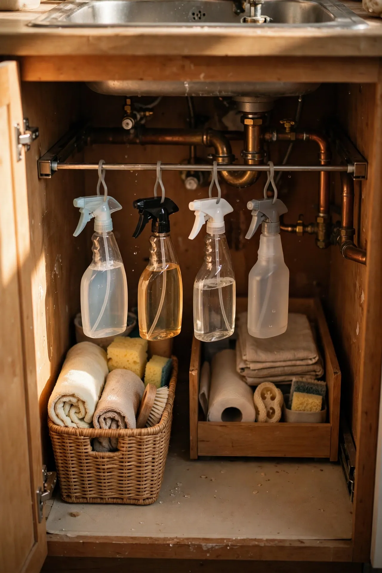 Tension rod across an under-sink cabinet with hanging spray bottles
