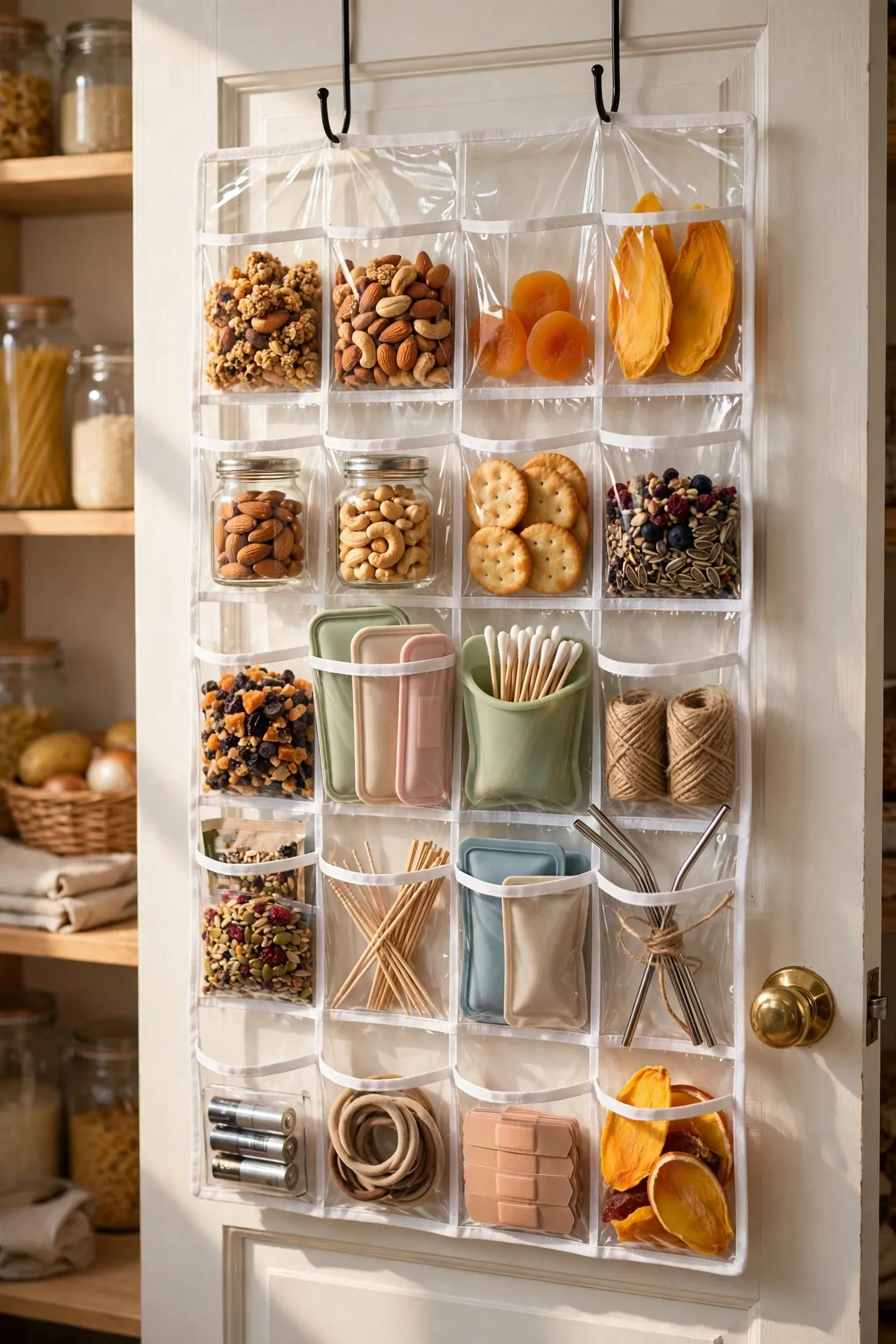 Over-door shoe organiser on a pantry door filled with snacks and supplies