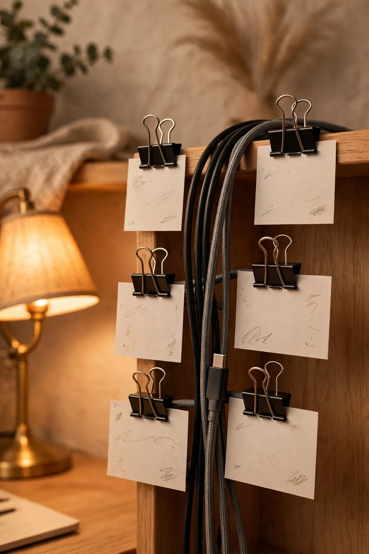 Binder clips labelled on cables behind a desk