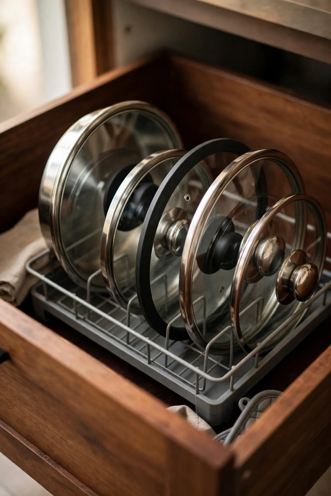 Dish rack inside a deep drawer filing pot lids vertically