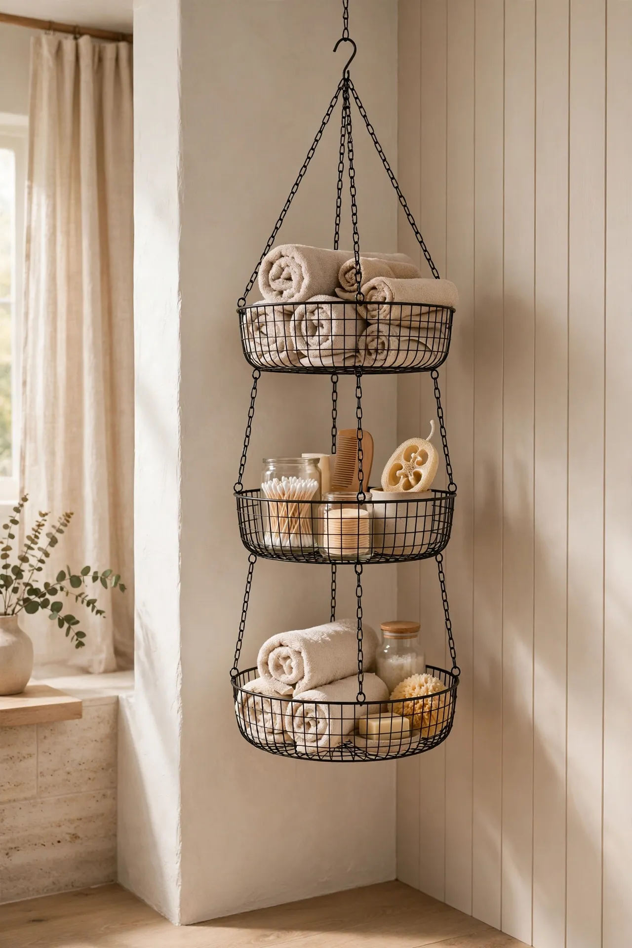 Three-tier hanging wire basket in a bathroom with rolled towels