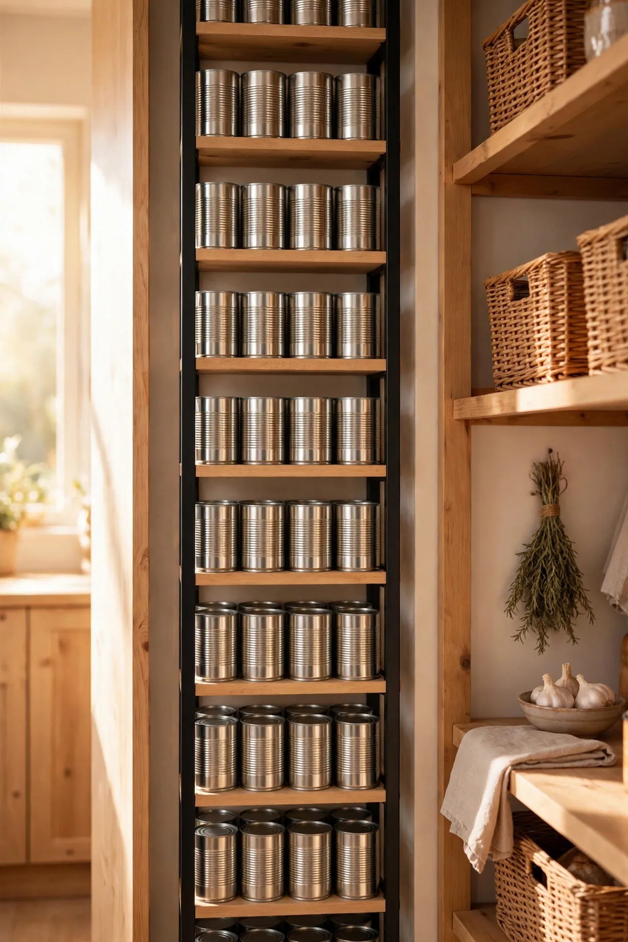Narrow rack with canned goods lined up in a pantry