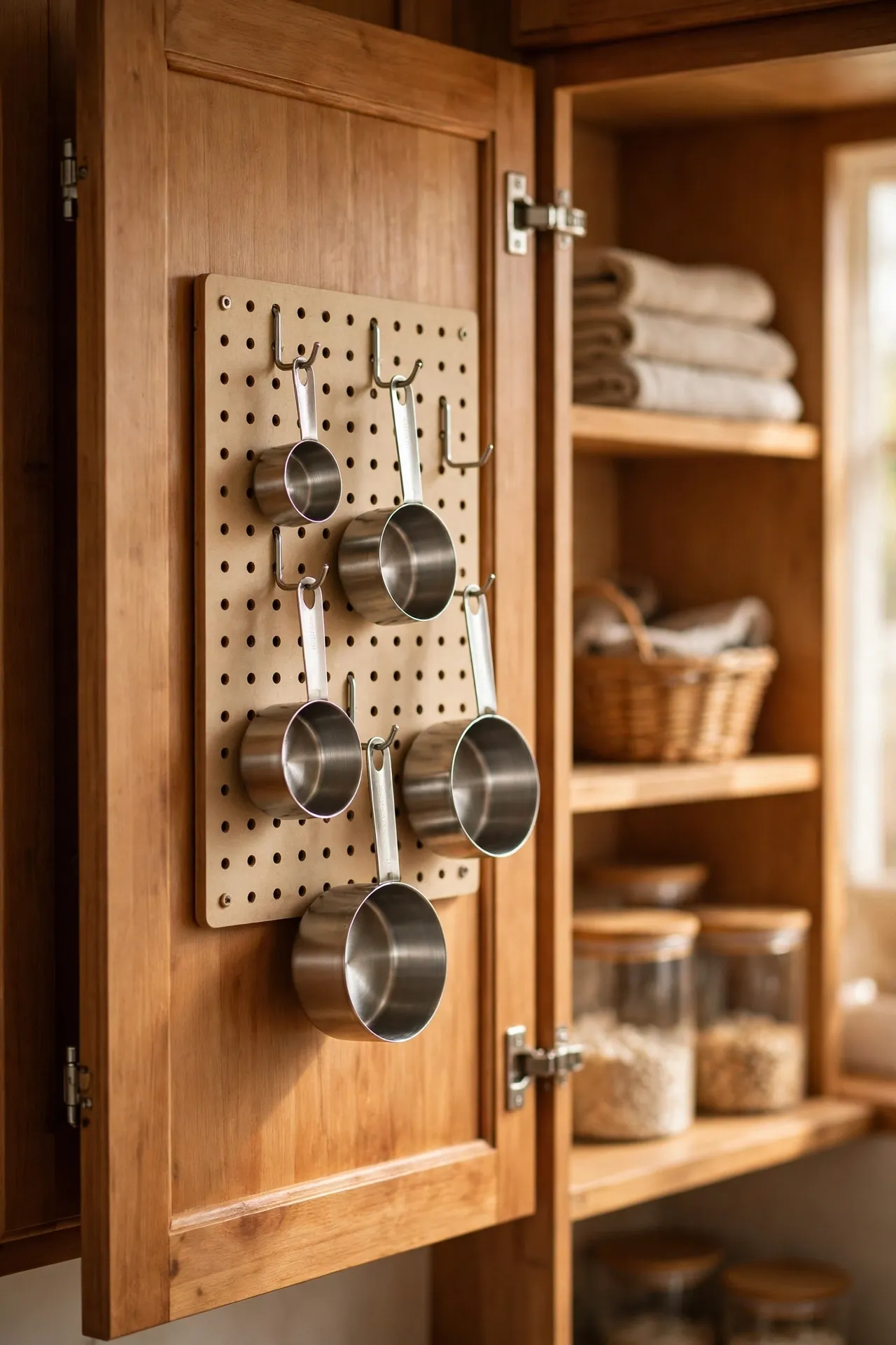 Small pegboard inside a cabinet door with hanging measuring cups