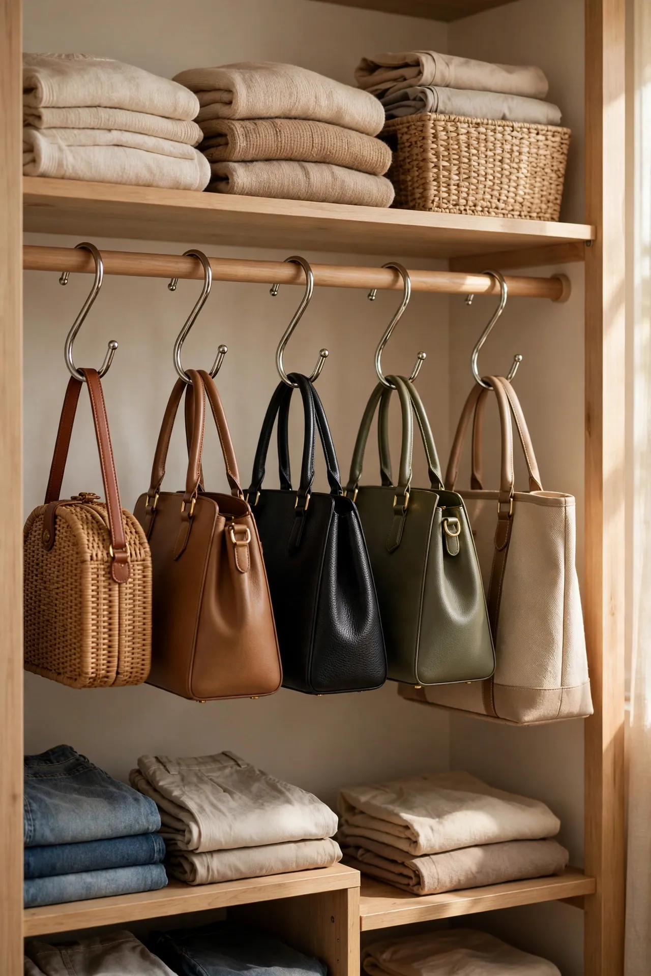 S-hooks on a closet rod holding handbags by their handles