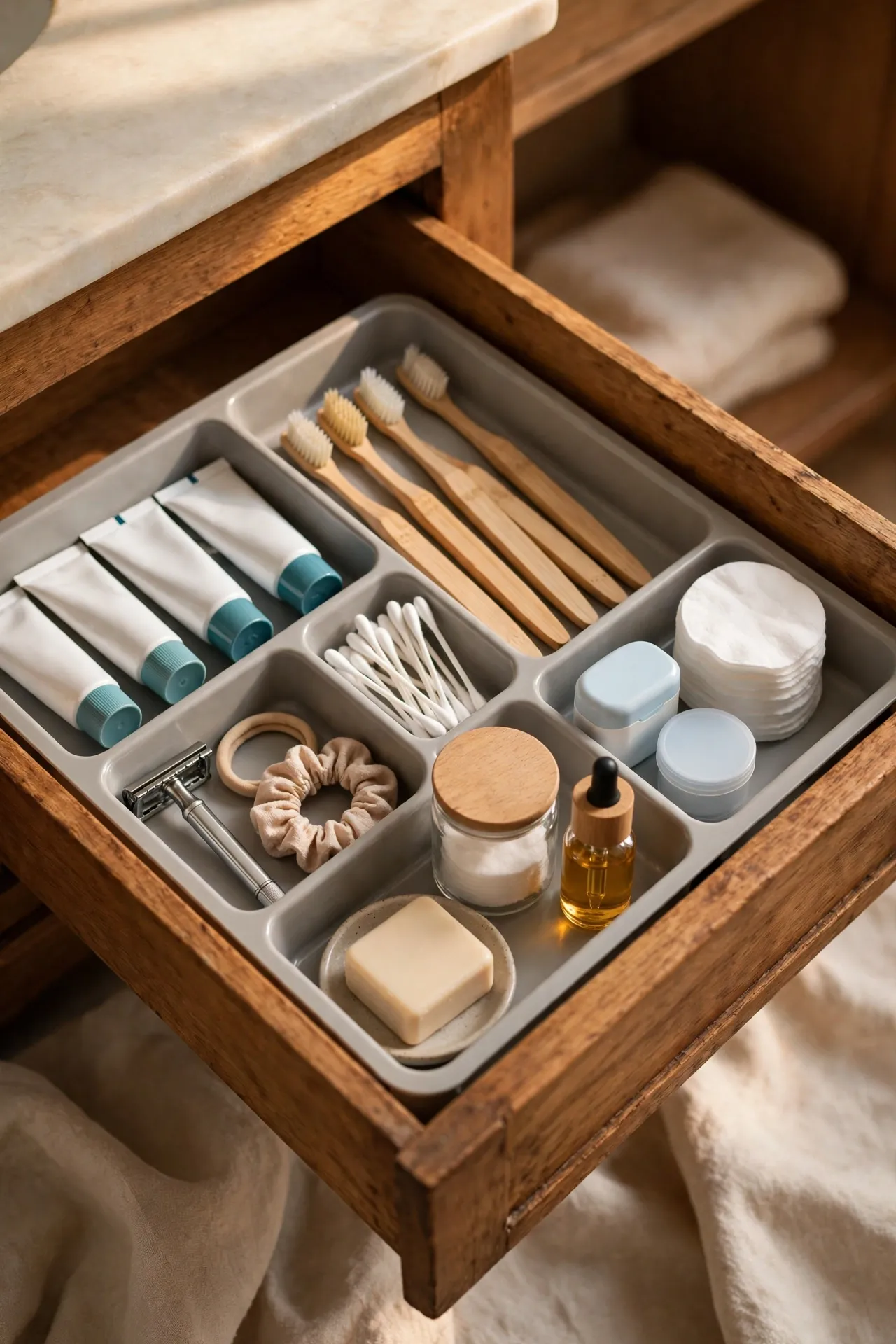 Cutlery tray inside a bathroom drawer sorting toiletries