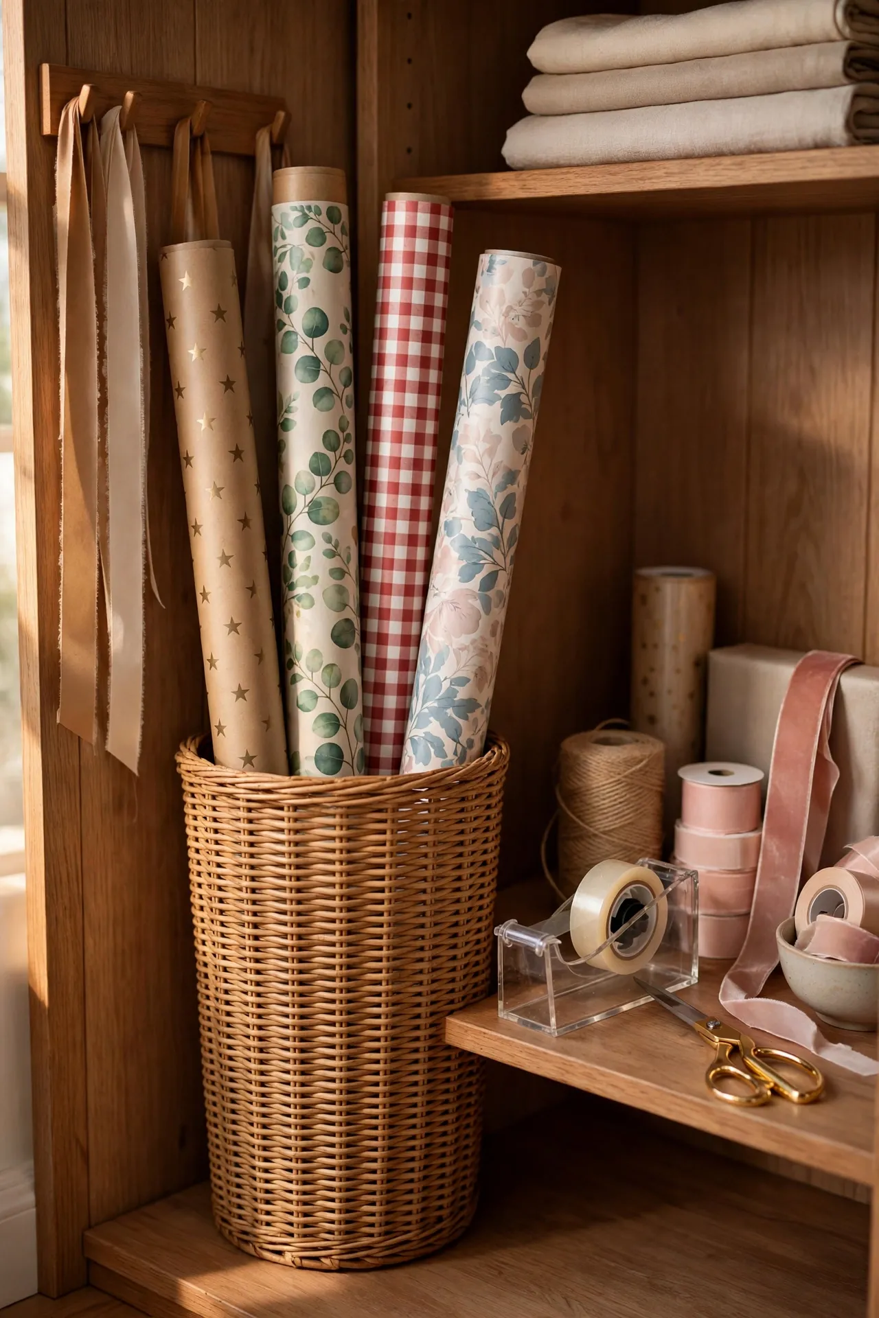Tall bin with wrapping paper rolls and a gift wrap station corner