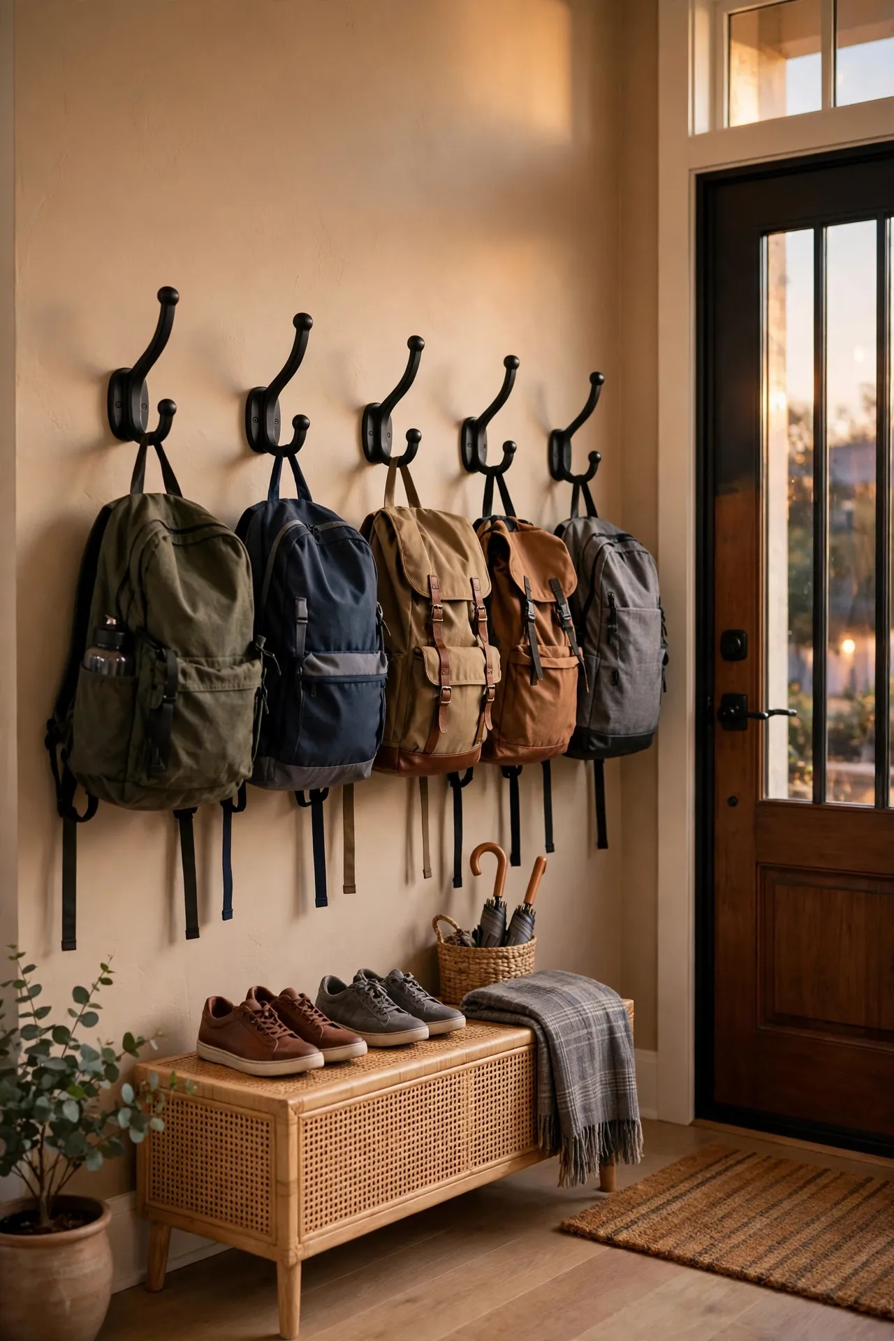 Row of large adhesive hooks by a door holding school backpacks
