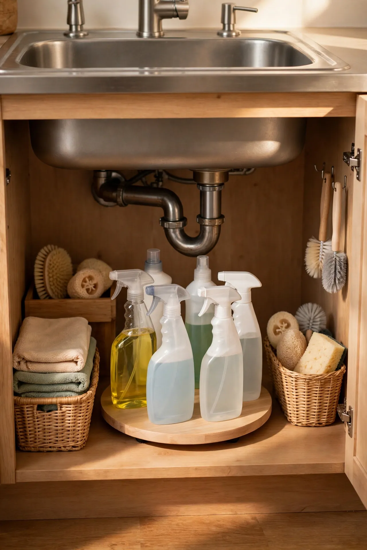Turntable under a sink spinning cleaning bottles into reach