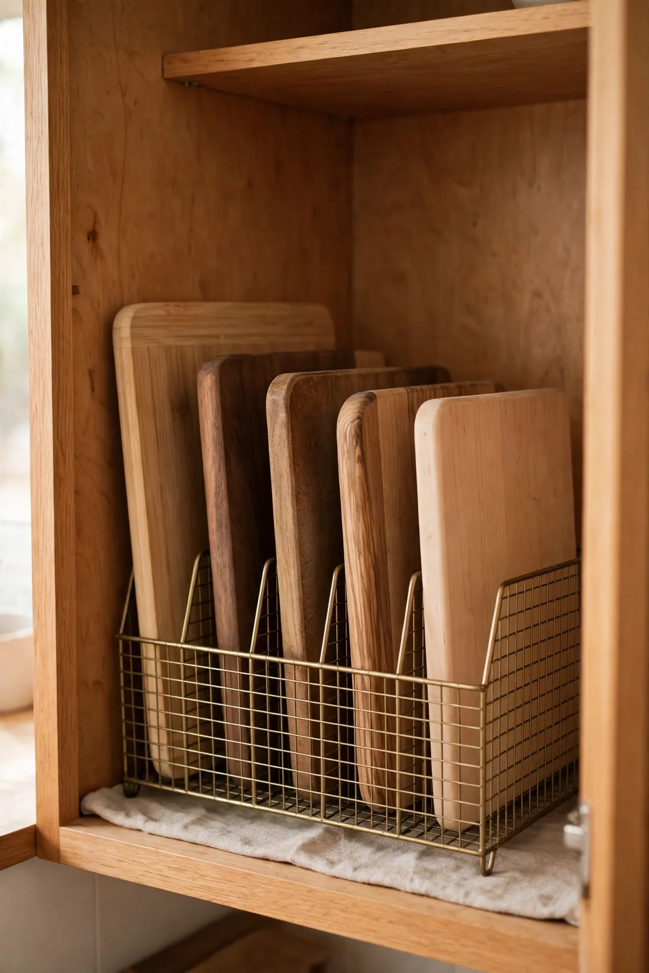 File sorter on its side in a cabinet filing cutting boards upright