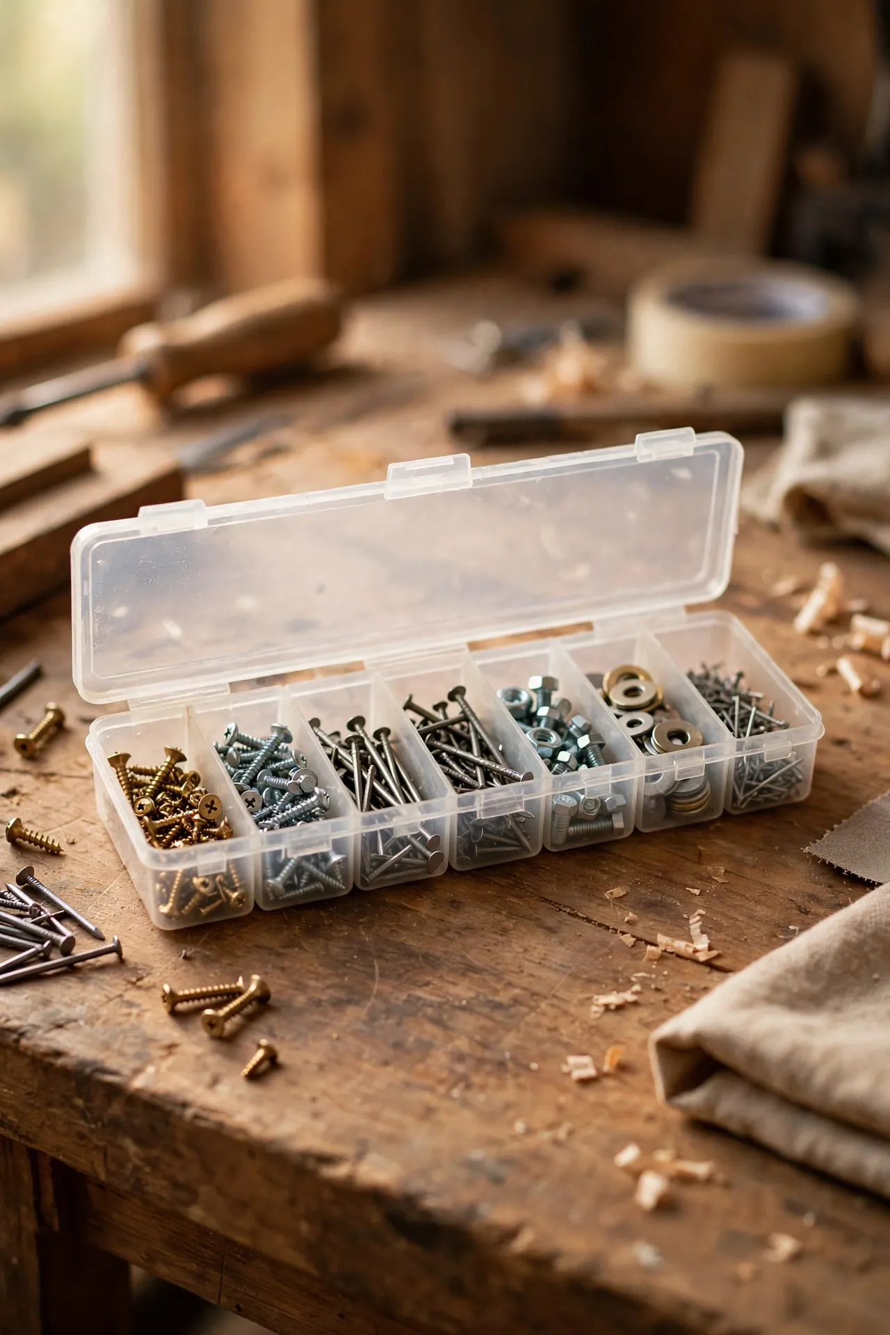 Weekly pill organiser with labelled compartments holding screws