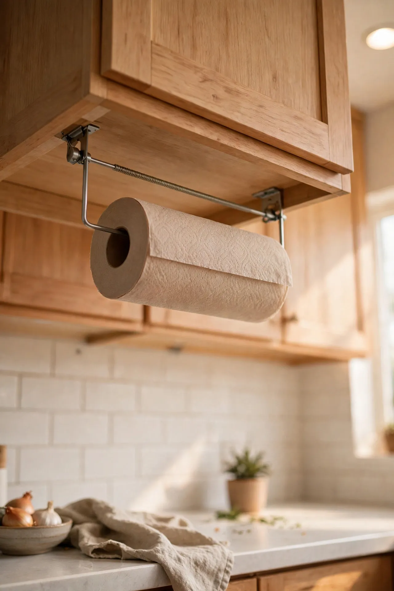 Paper towel roll on a tension rod under a kitchen cabinet