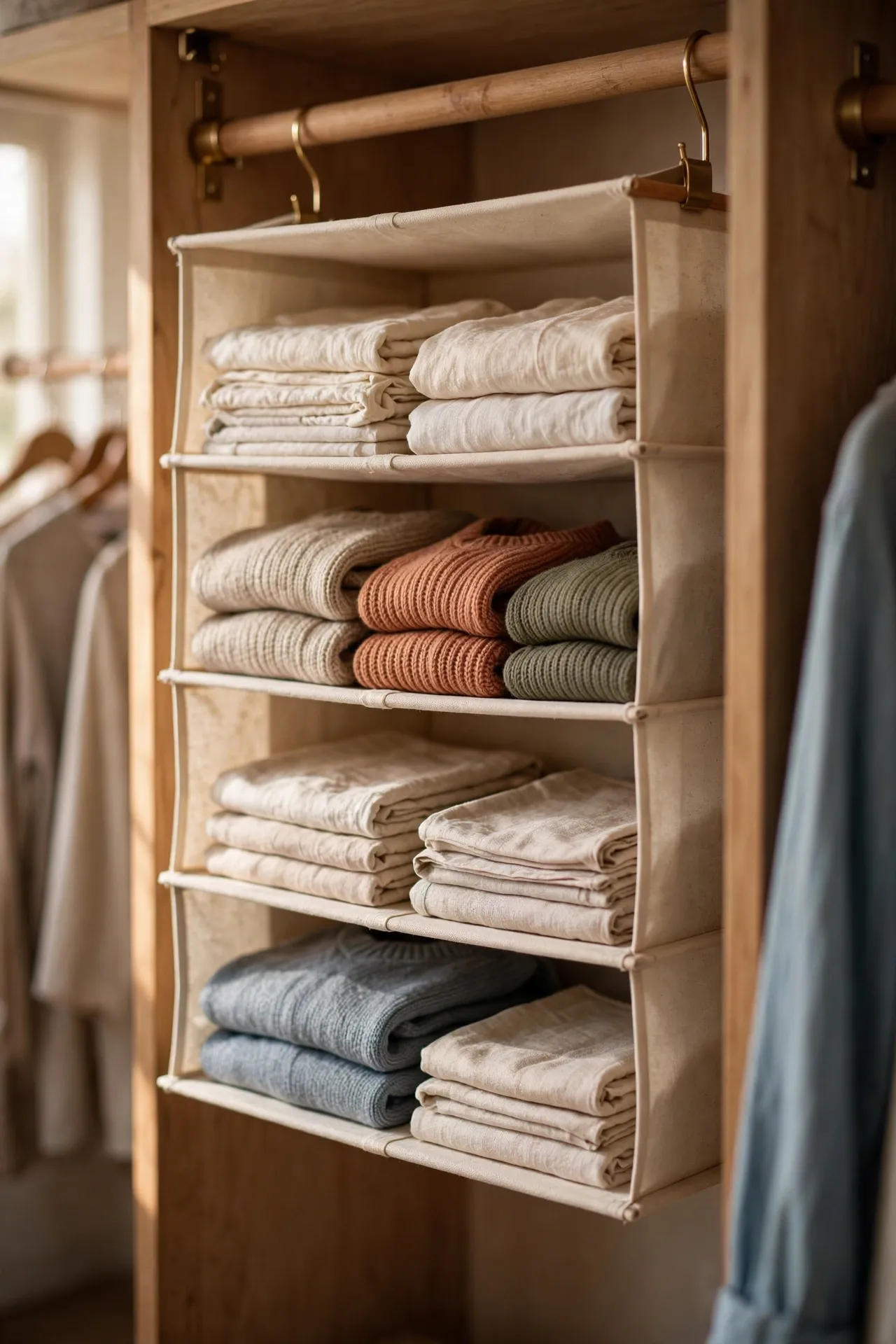 Fabric hanging shelves on a closet rod with folded linens