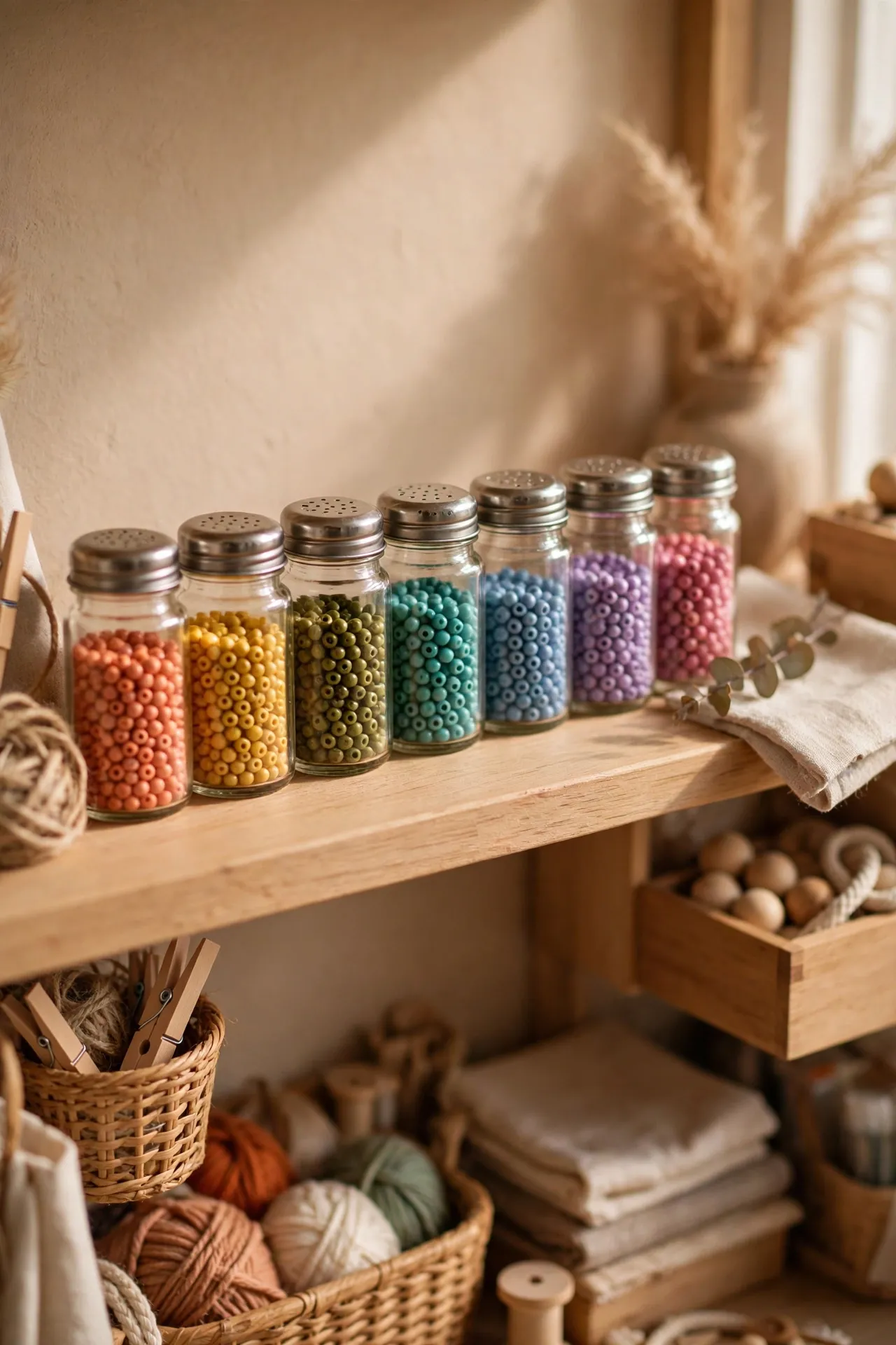 Small spice jars with shaker lids sorting craft beads on a shelf