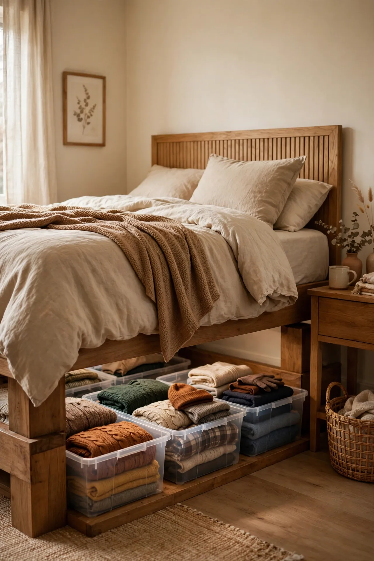 Bed lifted on risers with flat storage bins underneath