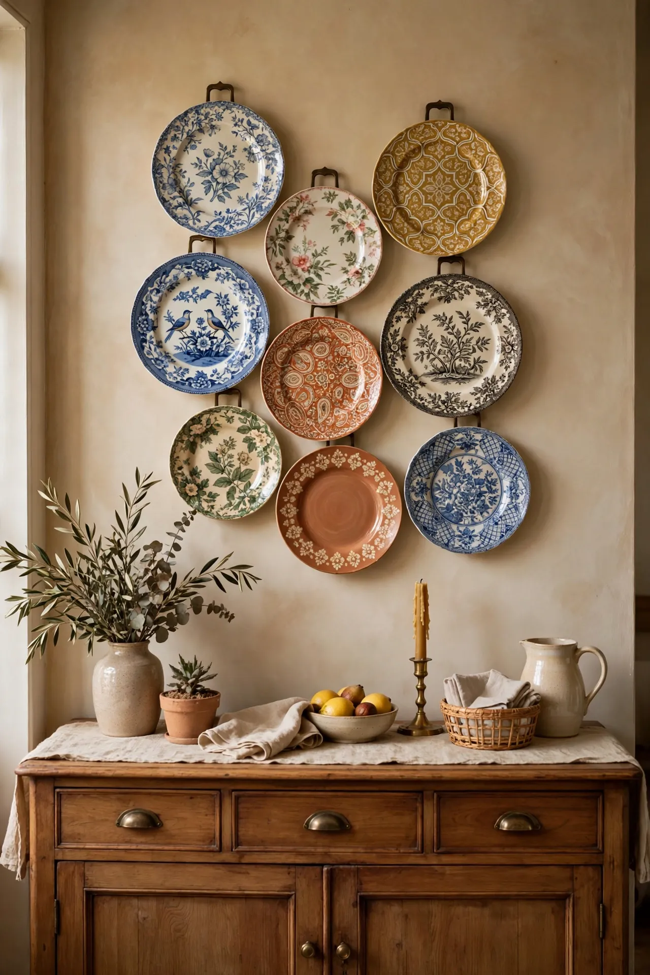 Cluster of decorative plates hung on a dining room wall