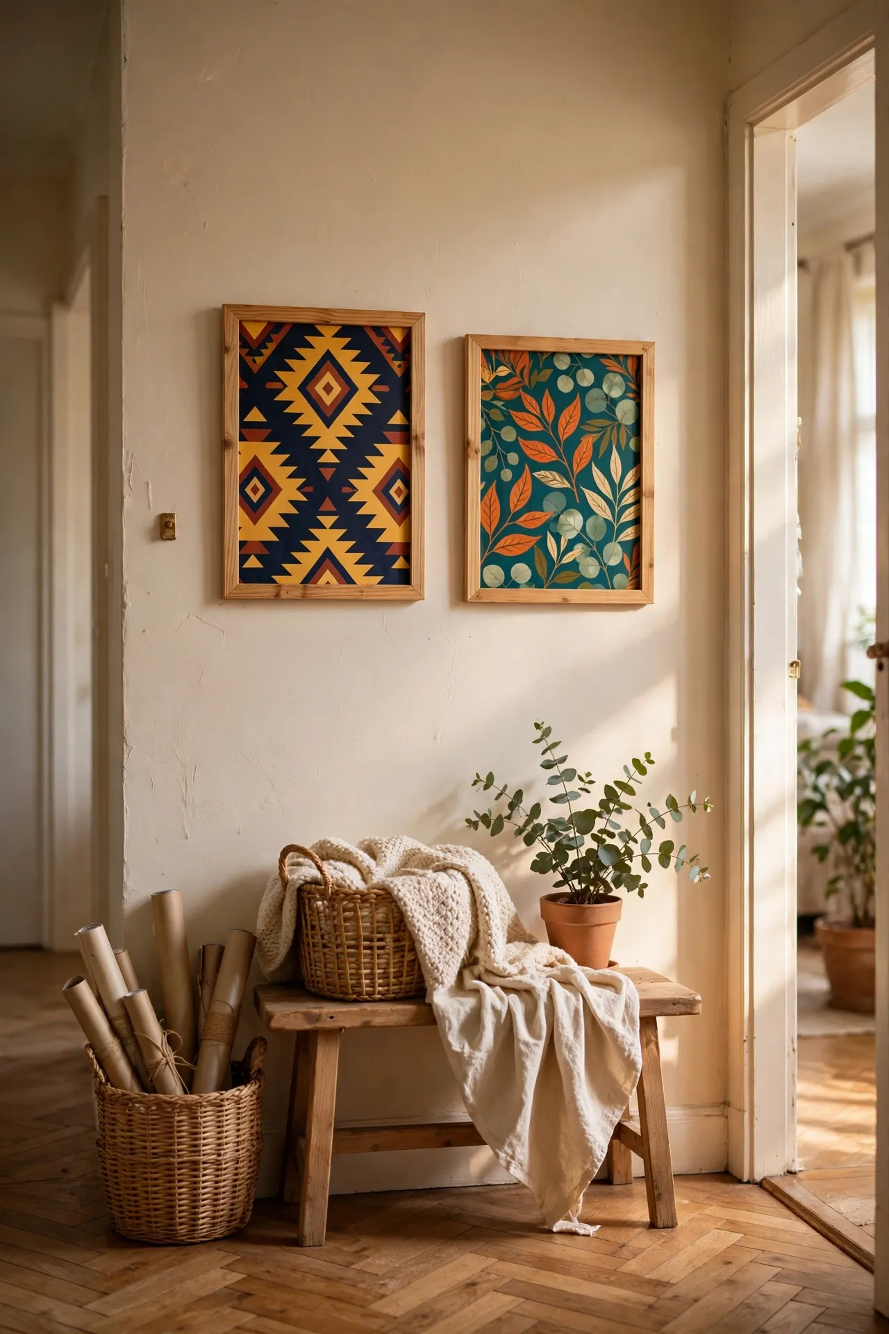 Bold wrapping paper framed as wall art in a hallway