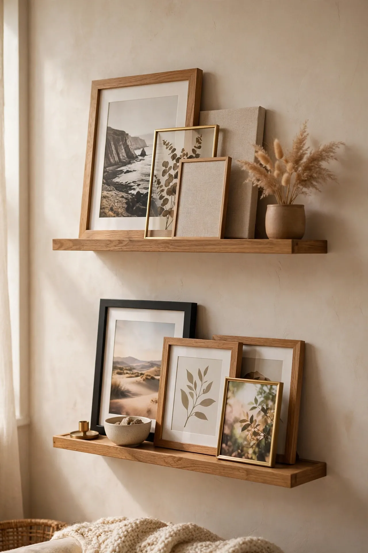 Narrow photo ledges with layered frames on a living room wall