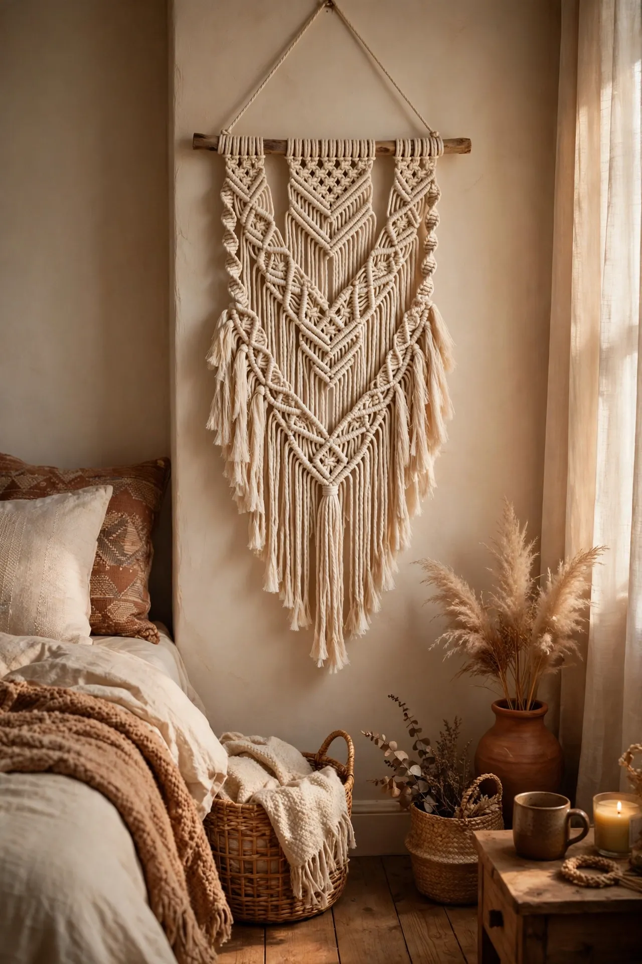 Simple macrame wall hanging on a wooden dowel in a bedroom