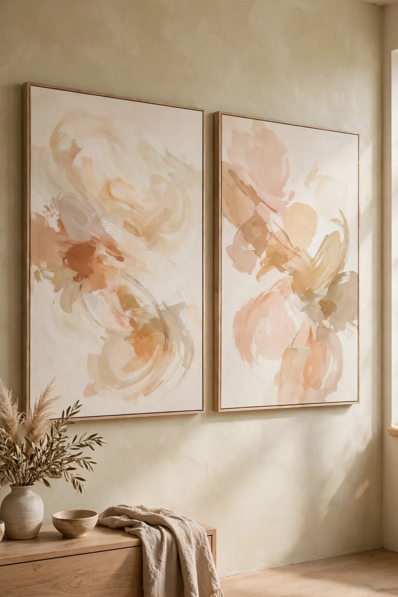 Two large abstract painted canvases hung side by side