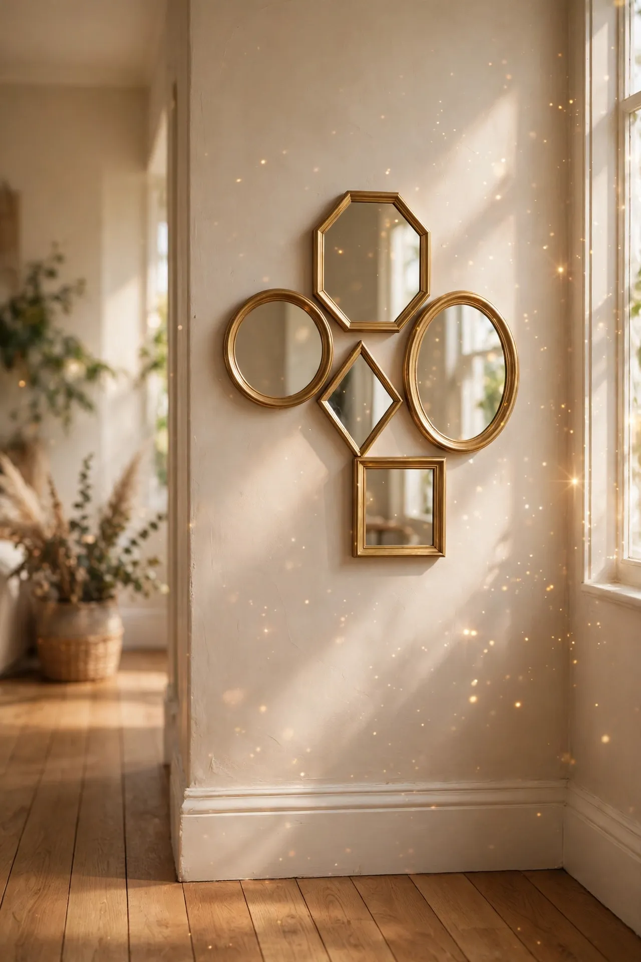 Cluster of small mirrors in different shapes on a hallway wall