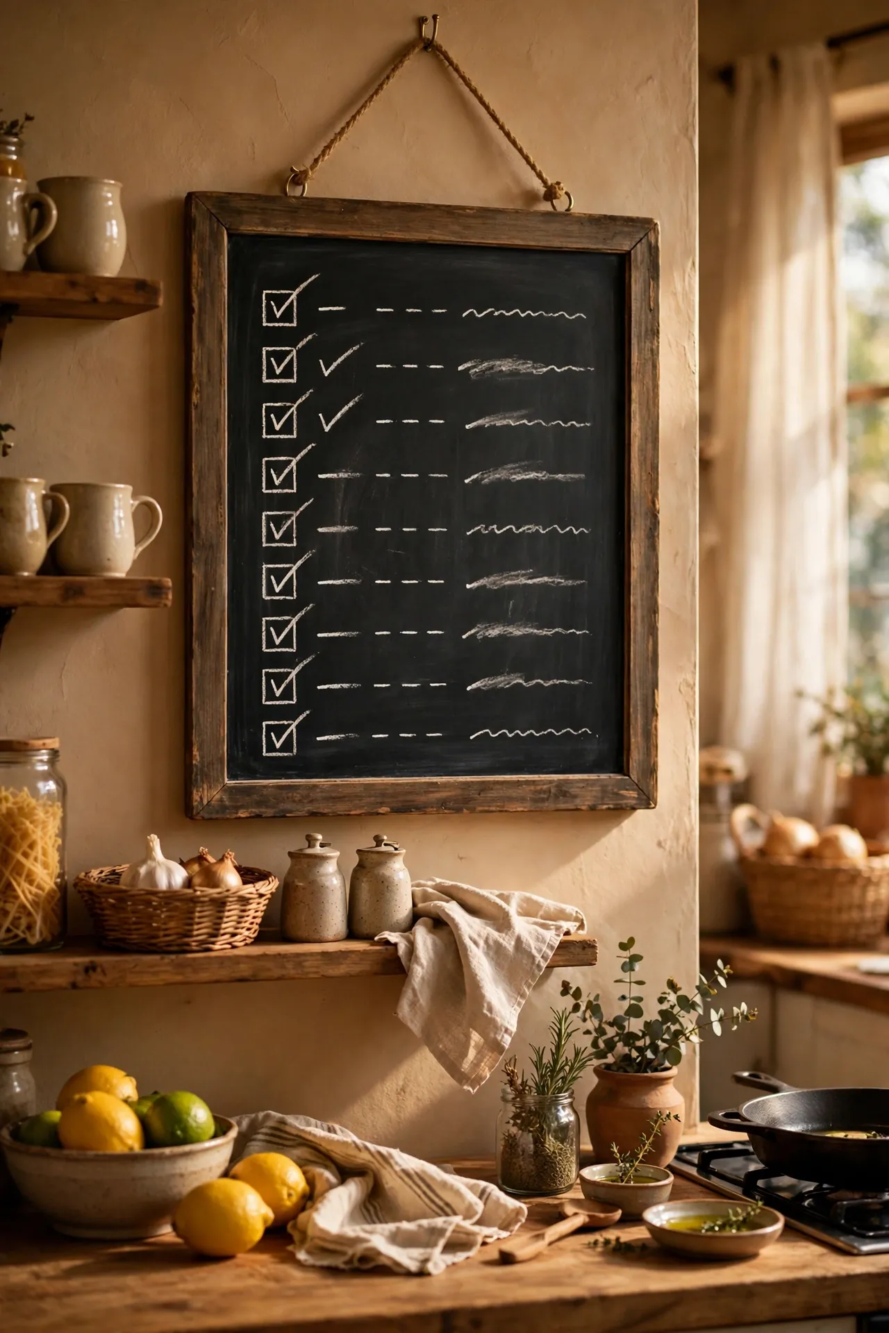 Framed chalkboard with a shopping list in a kitchen