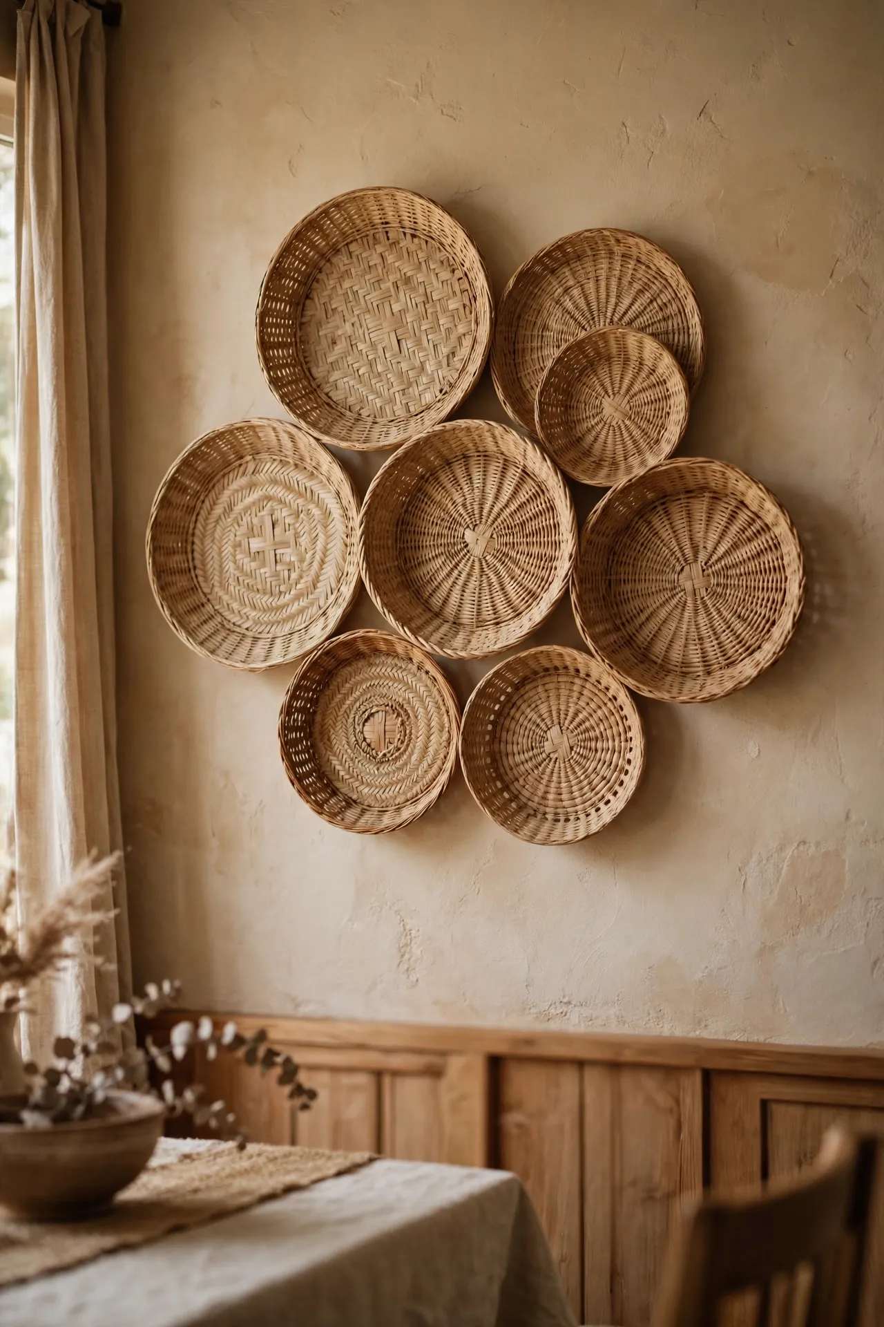 Cluster of flat woven baskets hung as wall decor