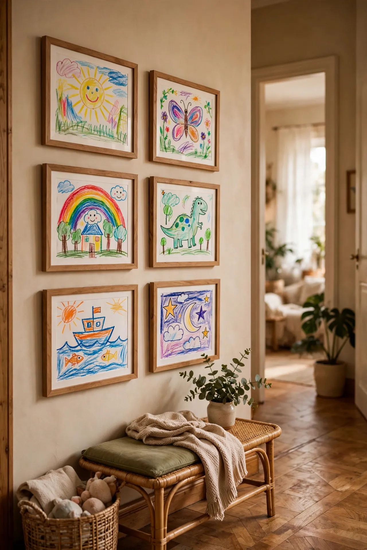 Matching frames with children's artwork in a hallway gallery