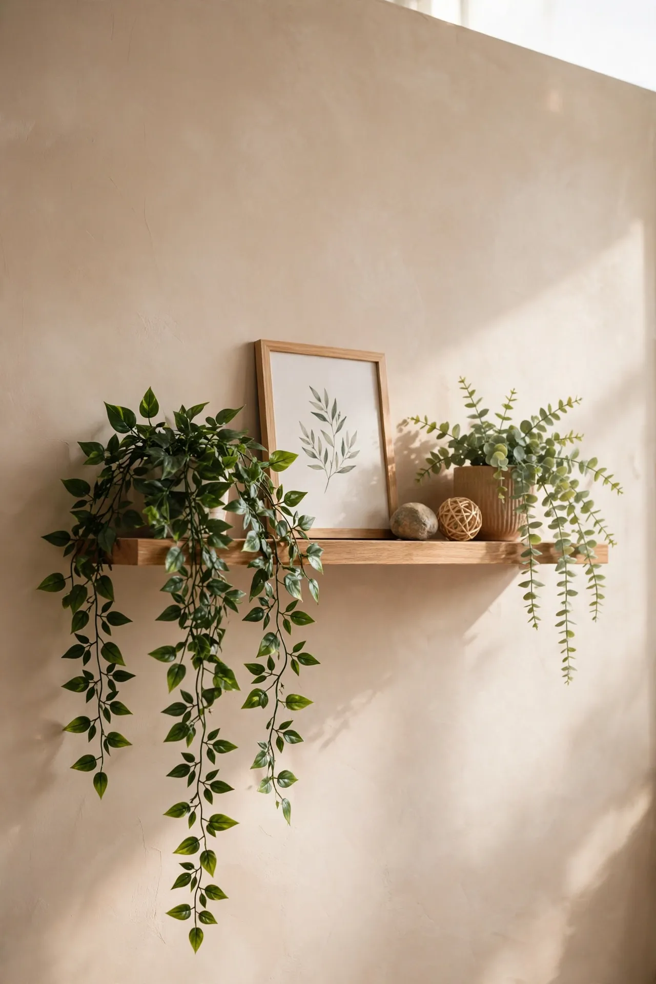 Floating shelf with trailing plants and a small framed print