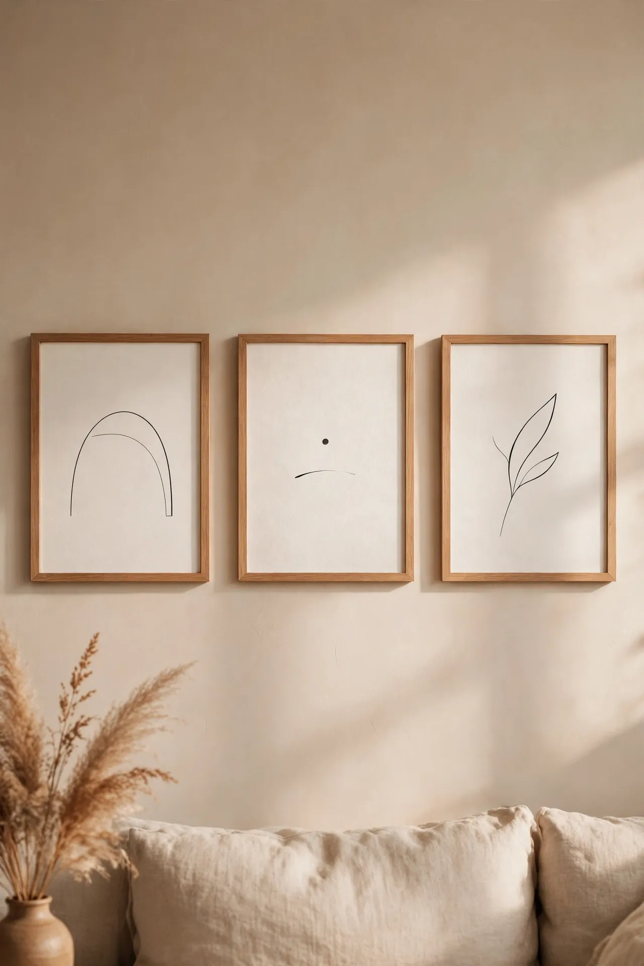 Three framed typography prints with single words on a wall