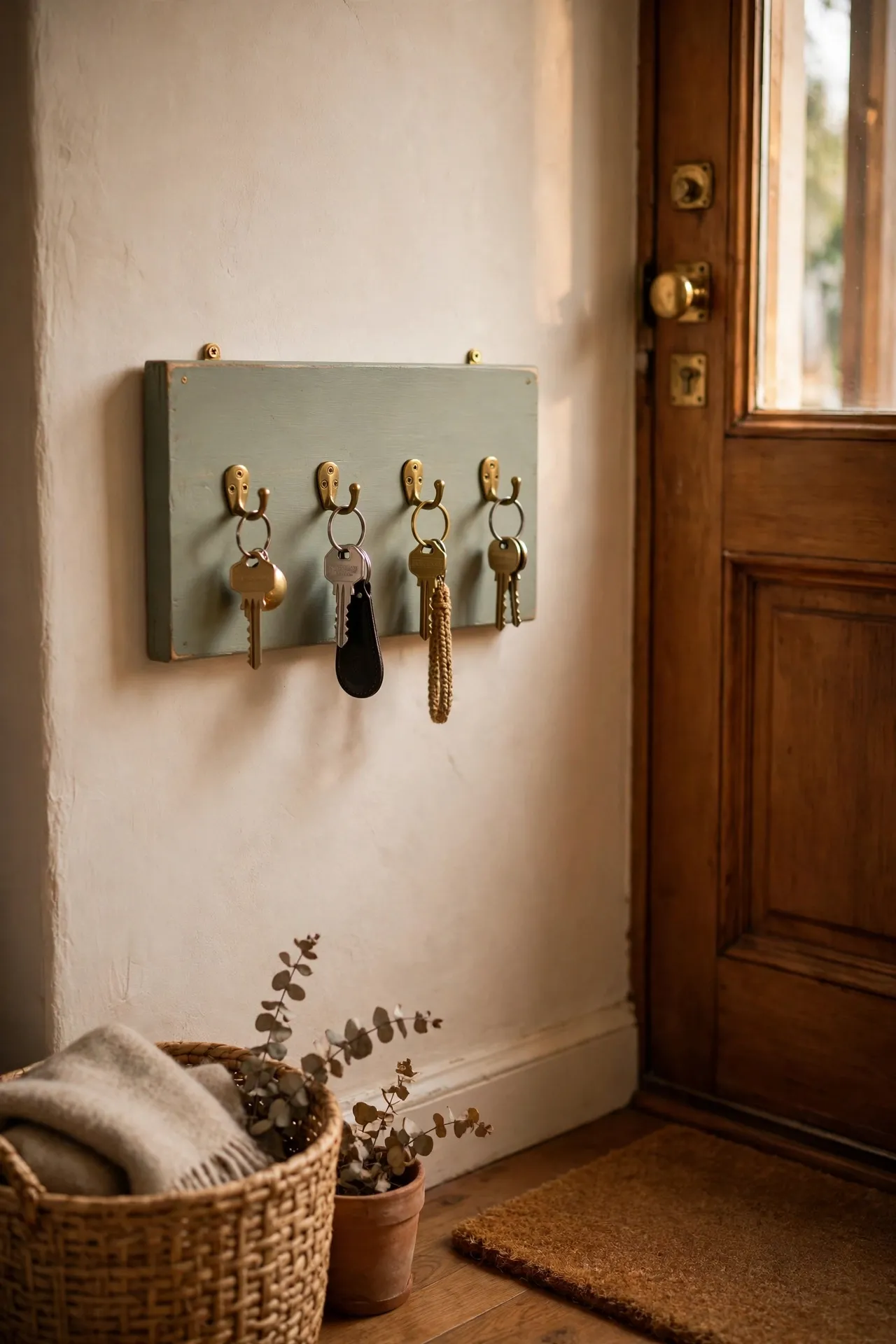 Painted wooden board with hooks as a key holder by a door