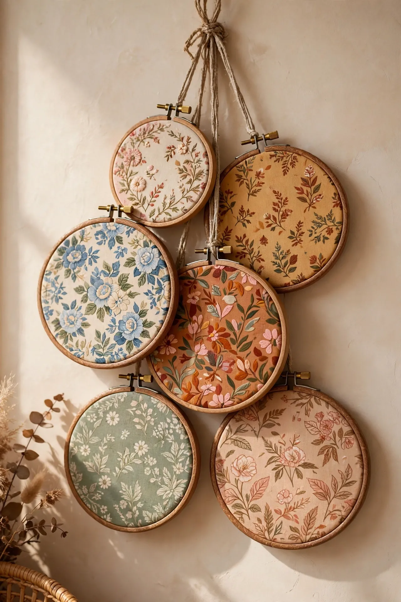 Embroidery hoops with pretty fabric hung as textile wall art