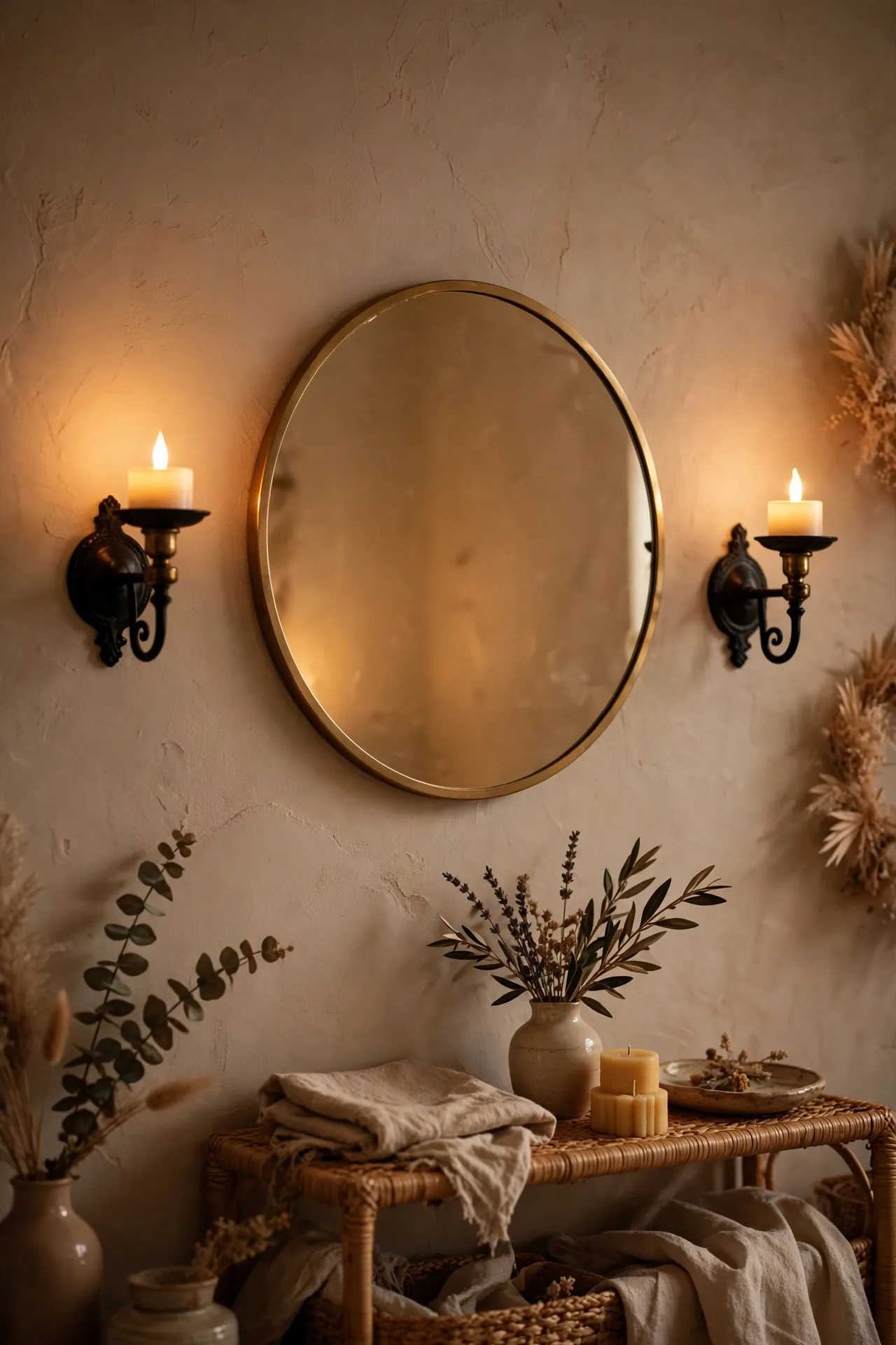 Wall-mounted candle sconces with LED tea lights flanking a mirror