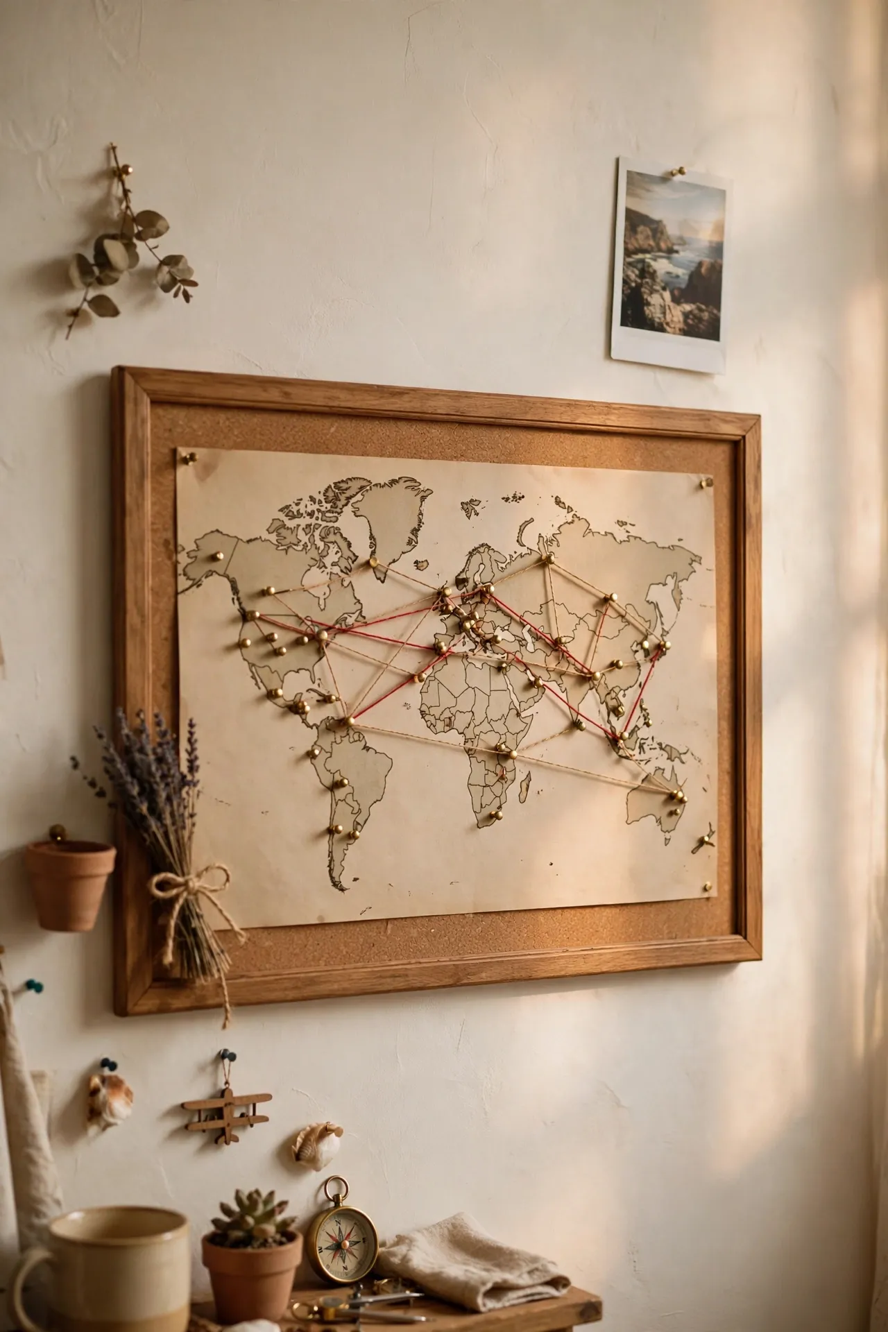 Framed corkboard world map with travel pins and string