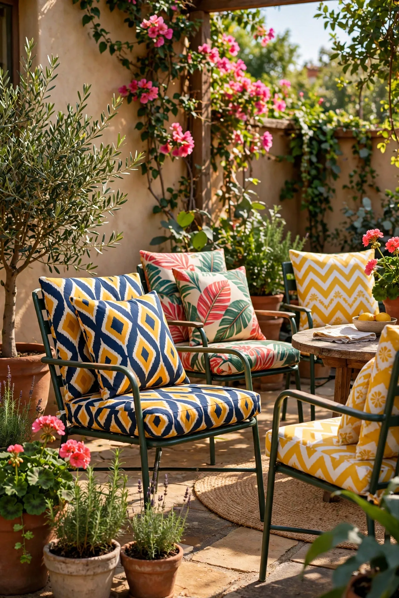 Patio chairs with fresh patterned outdoor cushion covers