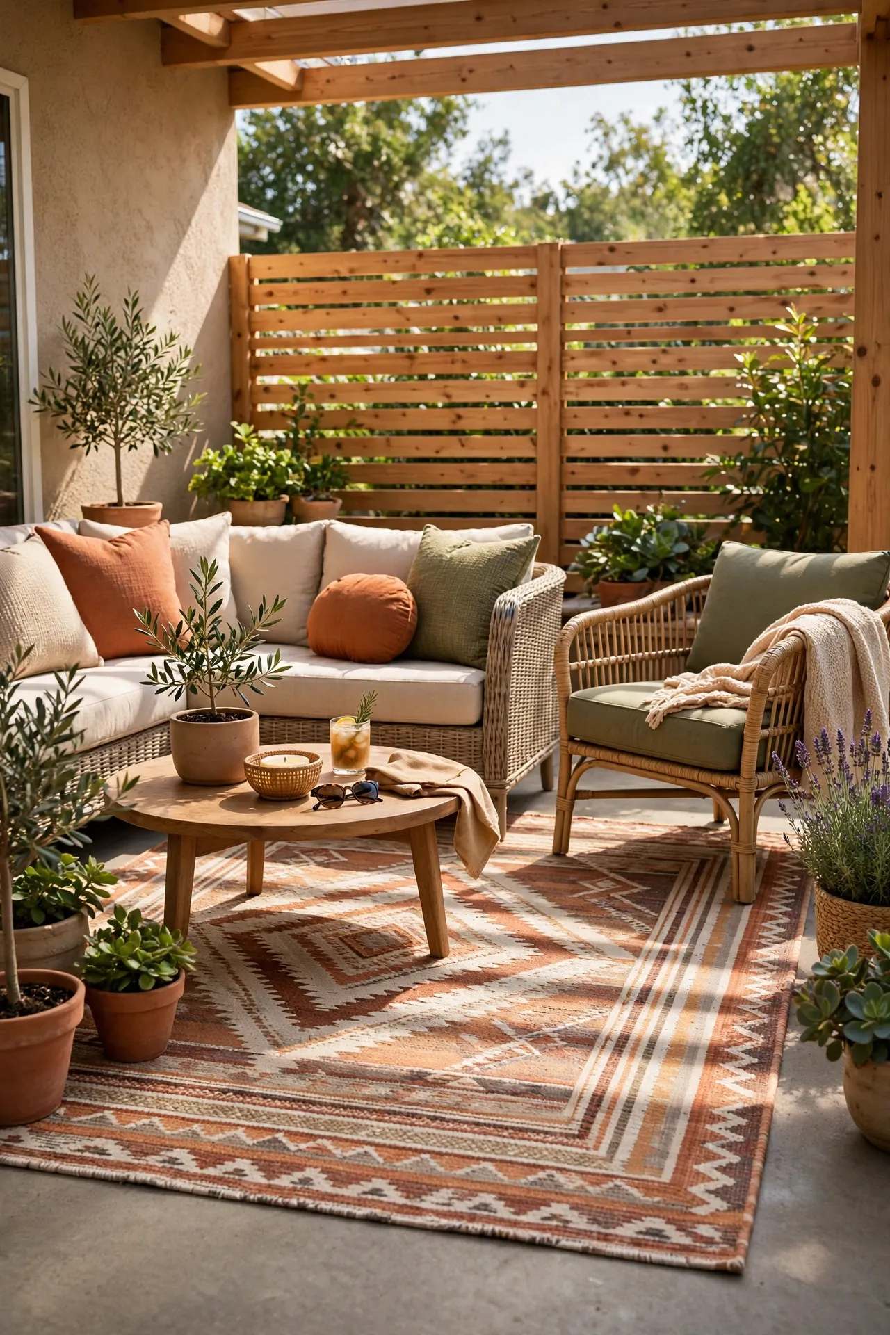 Flat-weave outdoor rug under patio seating on concrete