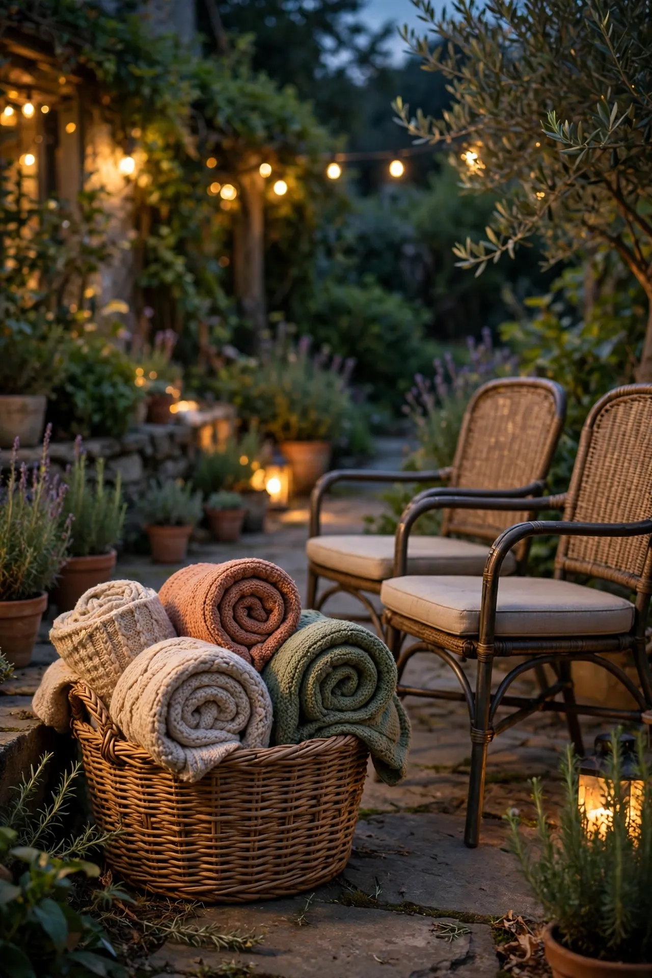 Weatherproof basket of rolled throw blankets by patio chairs