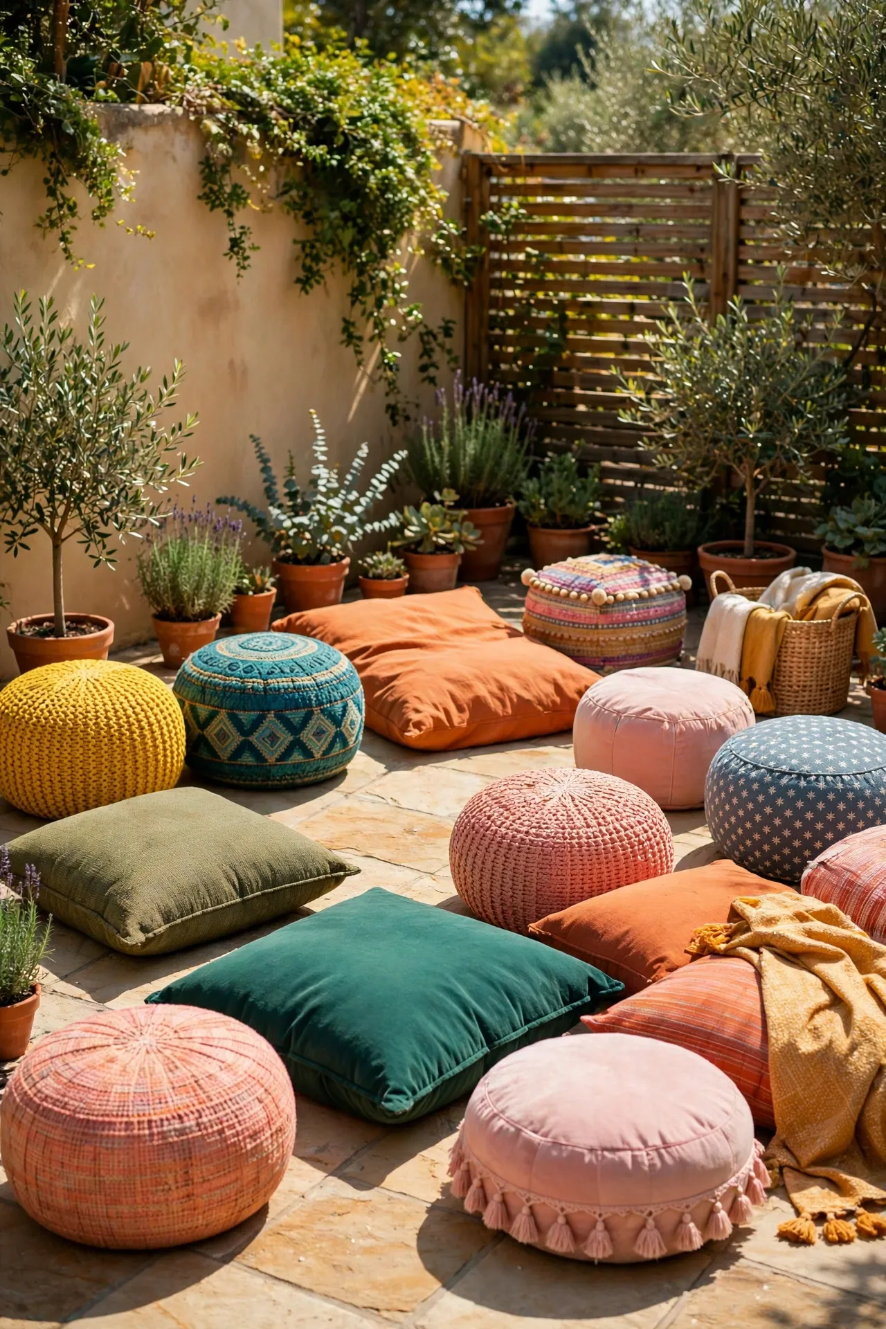 Outdoor poufs and floor cushions arranged on a patio
