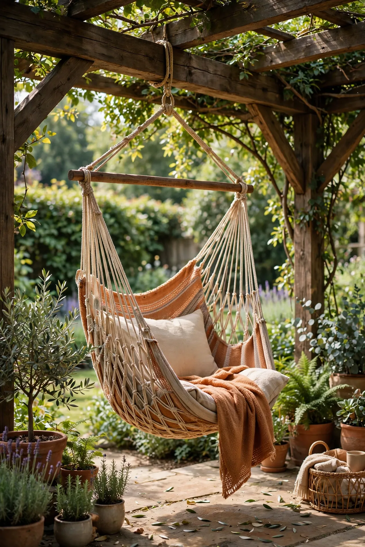 Hammock chair hanging from a wooden beam on a patio