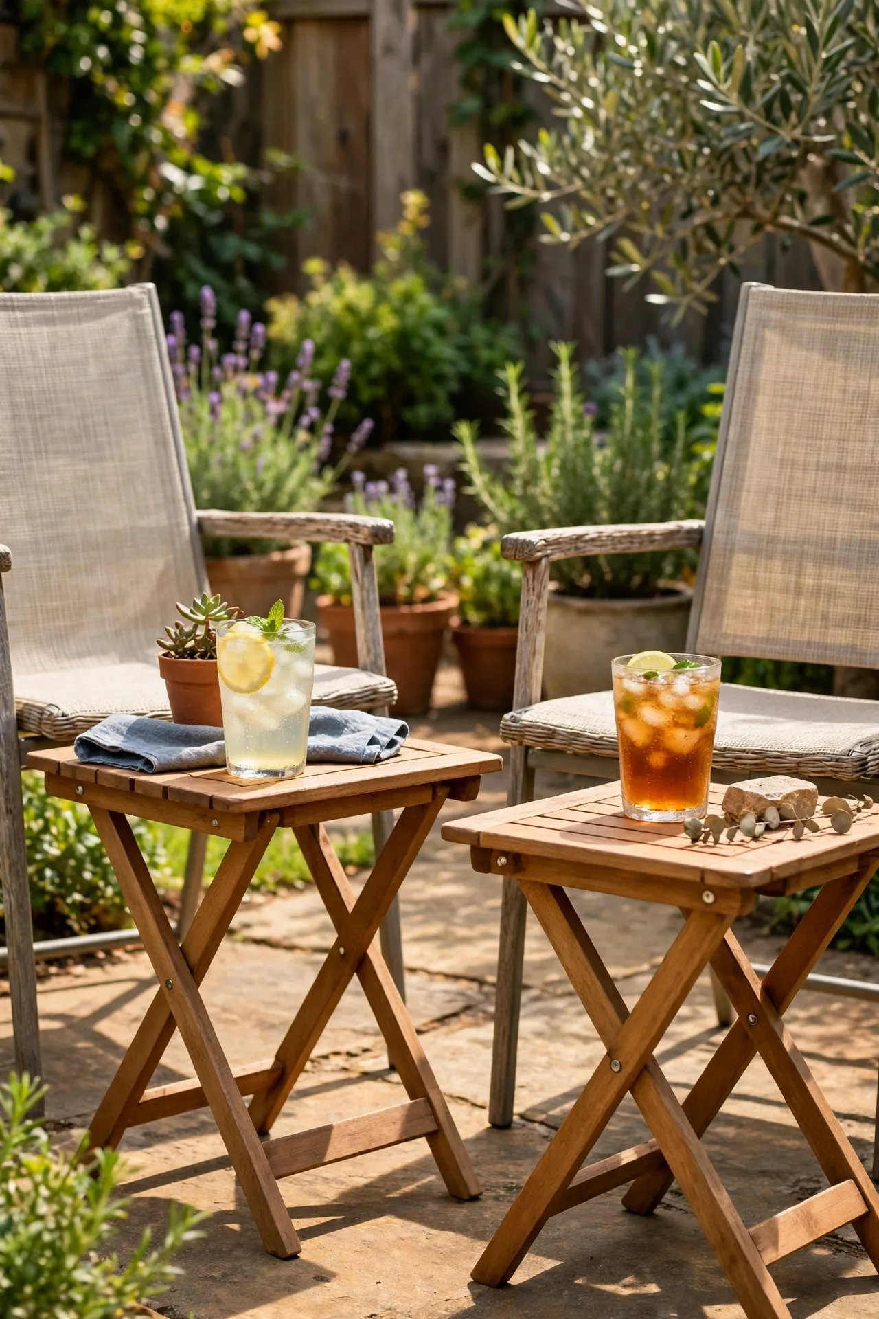 Small folding side tables beside patio chairs with drinks