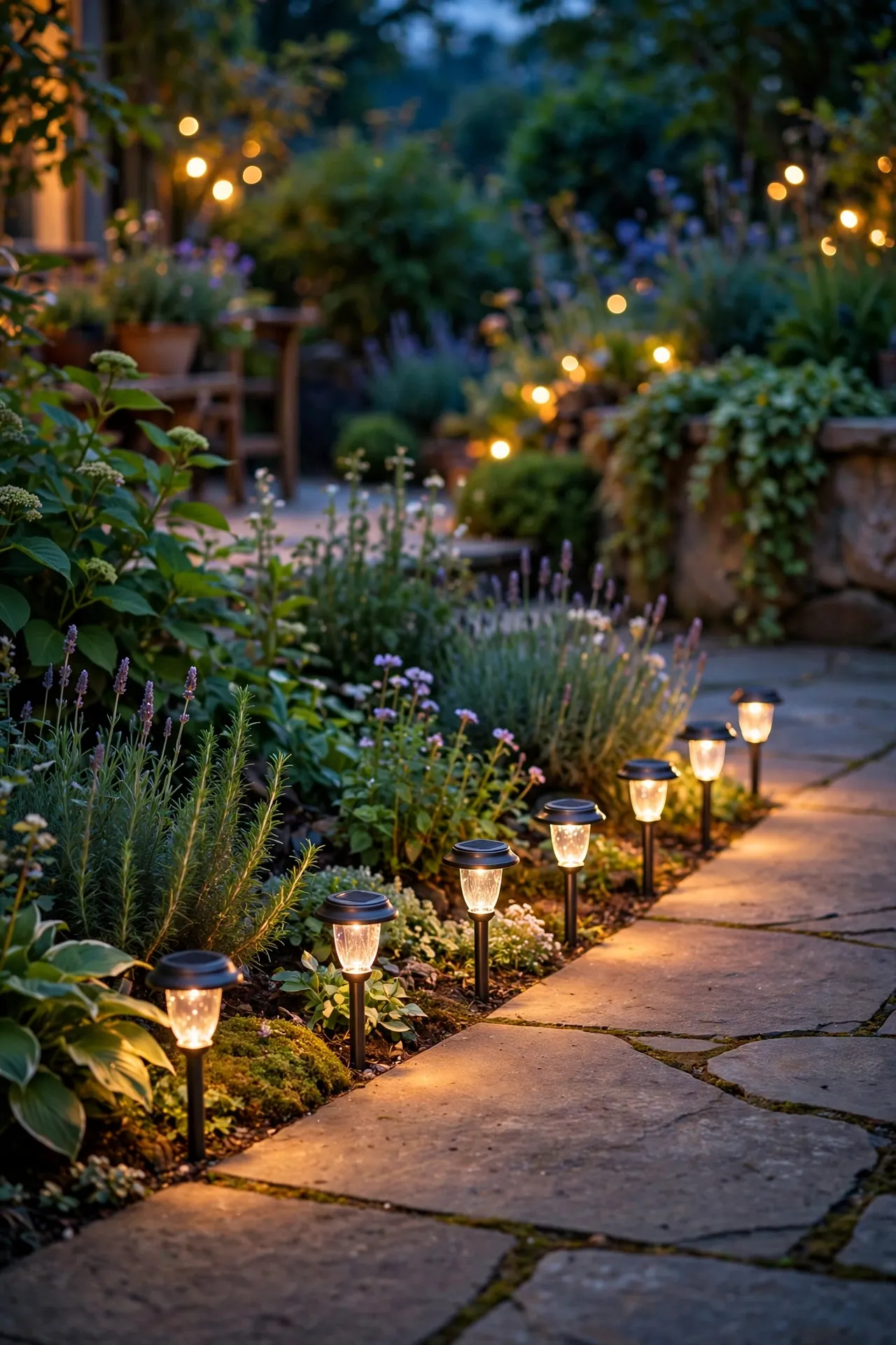 Solar path lights glowing along a patio edge at dusk