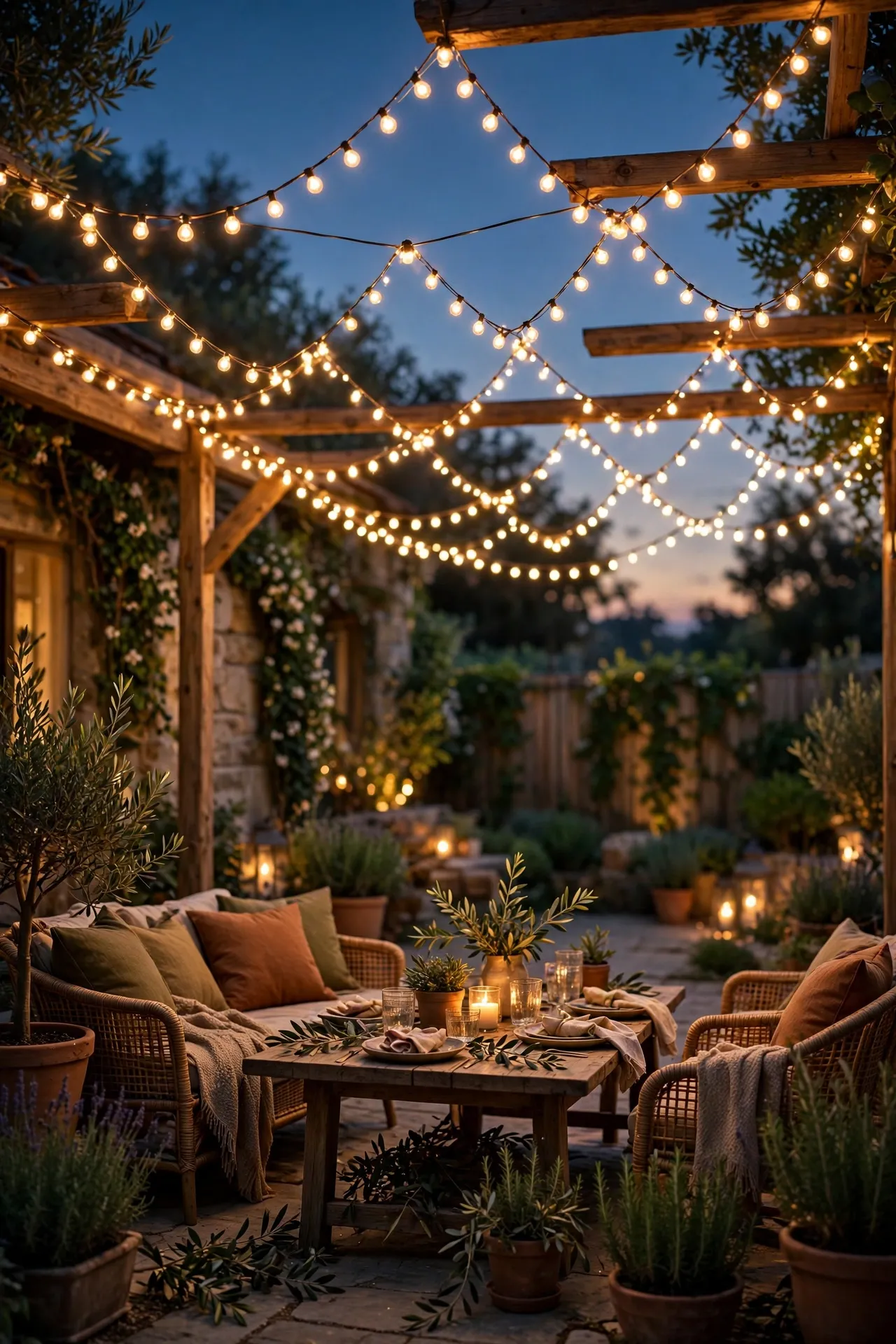 String lights draped in a zigzag canopy over a patio