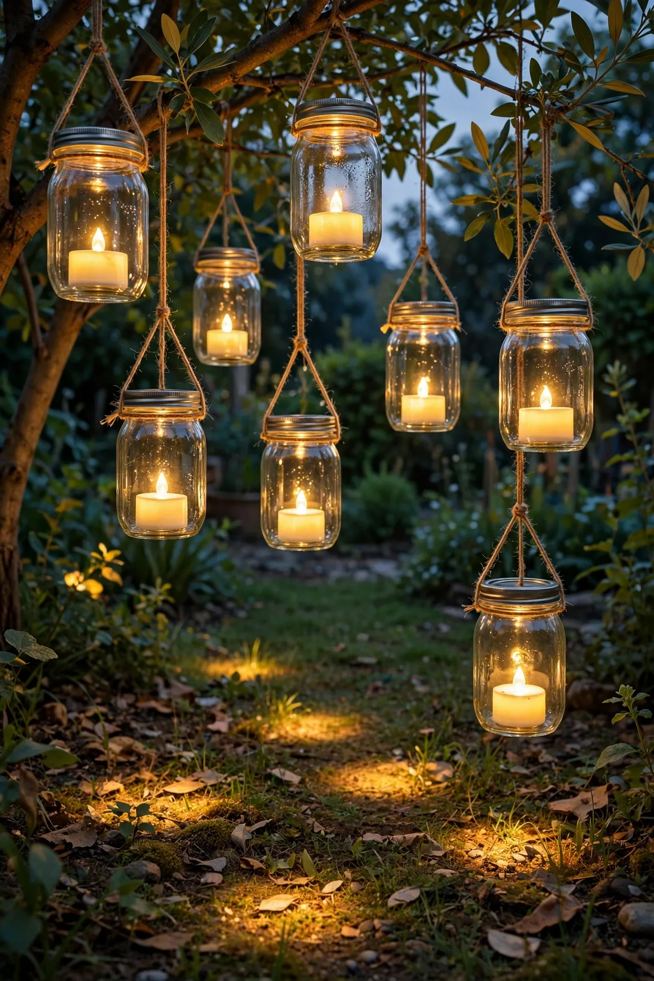 Mason jars with LED tea lights hanging from tree branches