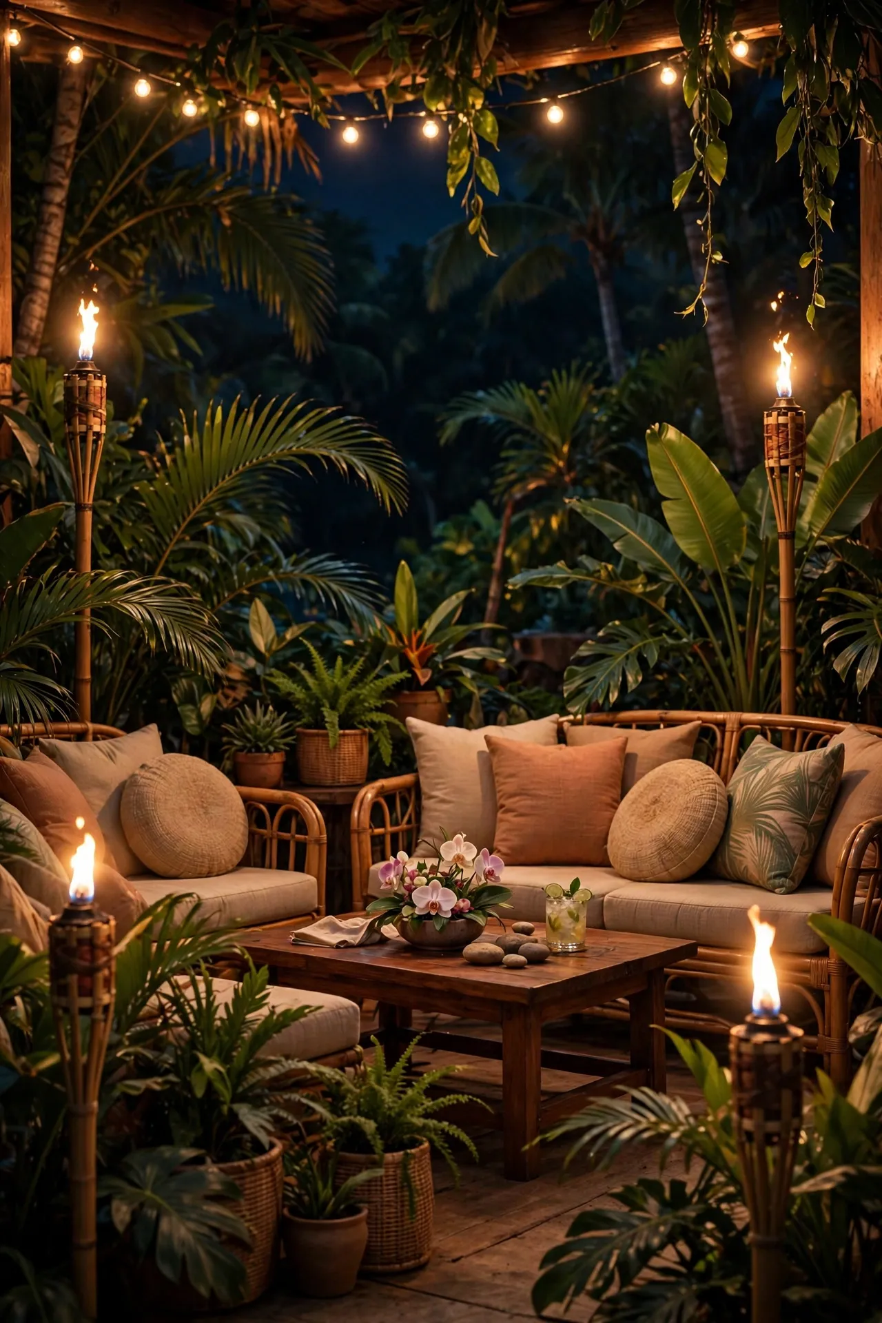 Tiki torches flaming at the corners of a patio at night