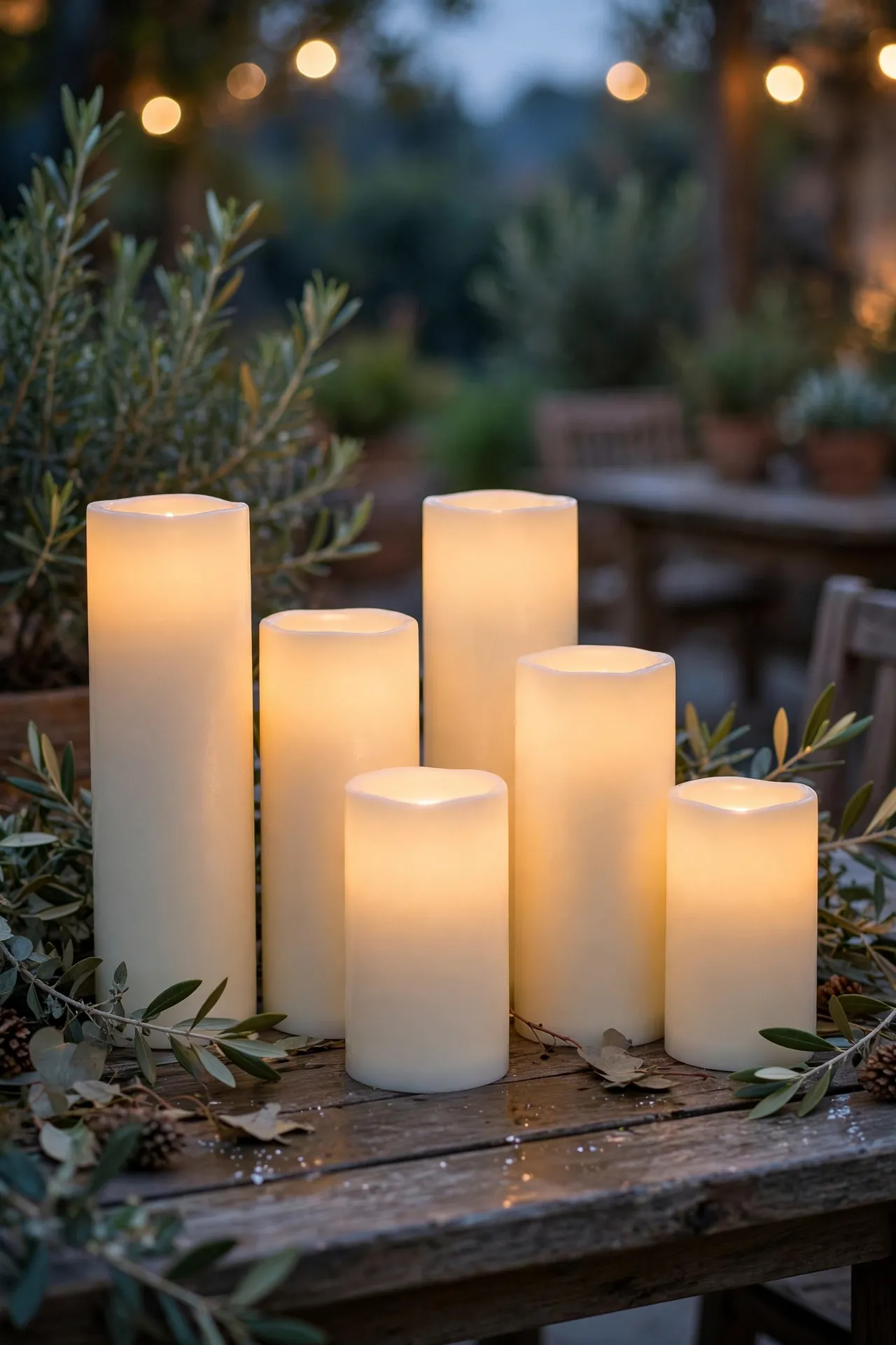Cluster of LED pillar candles on a patio table at dusk