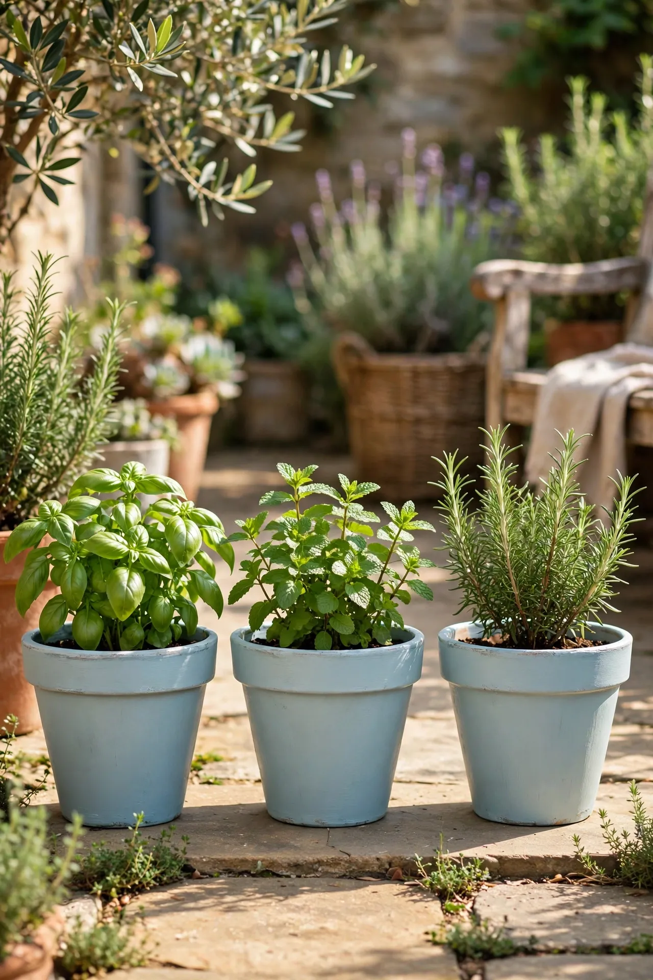Row of painted pots with fresh herbs on a patio