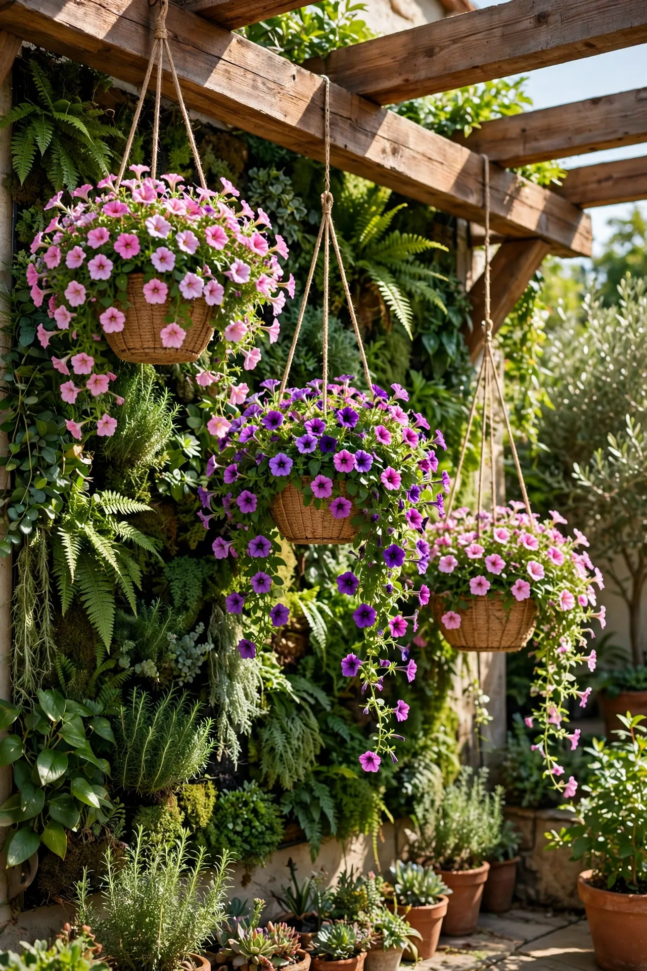 Three hanging baskets with trailing flowers at staggered heights